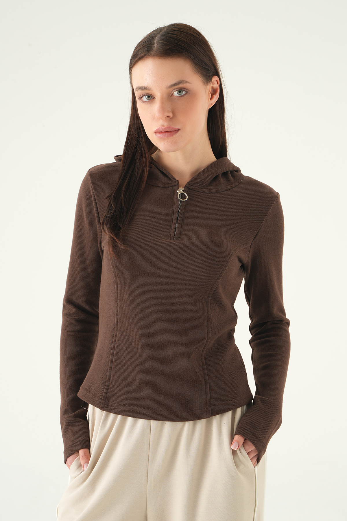 3078A Fermuarlı Kapüşonlu Kazak Kahve - RAYS