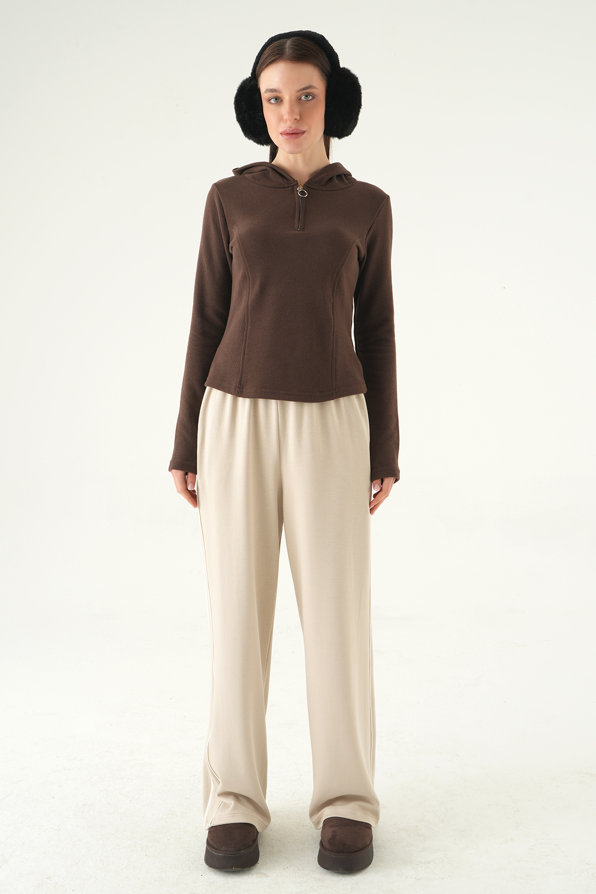 Kahve Fermuarlı Kapüşonlu Kazak 3078A - 3