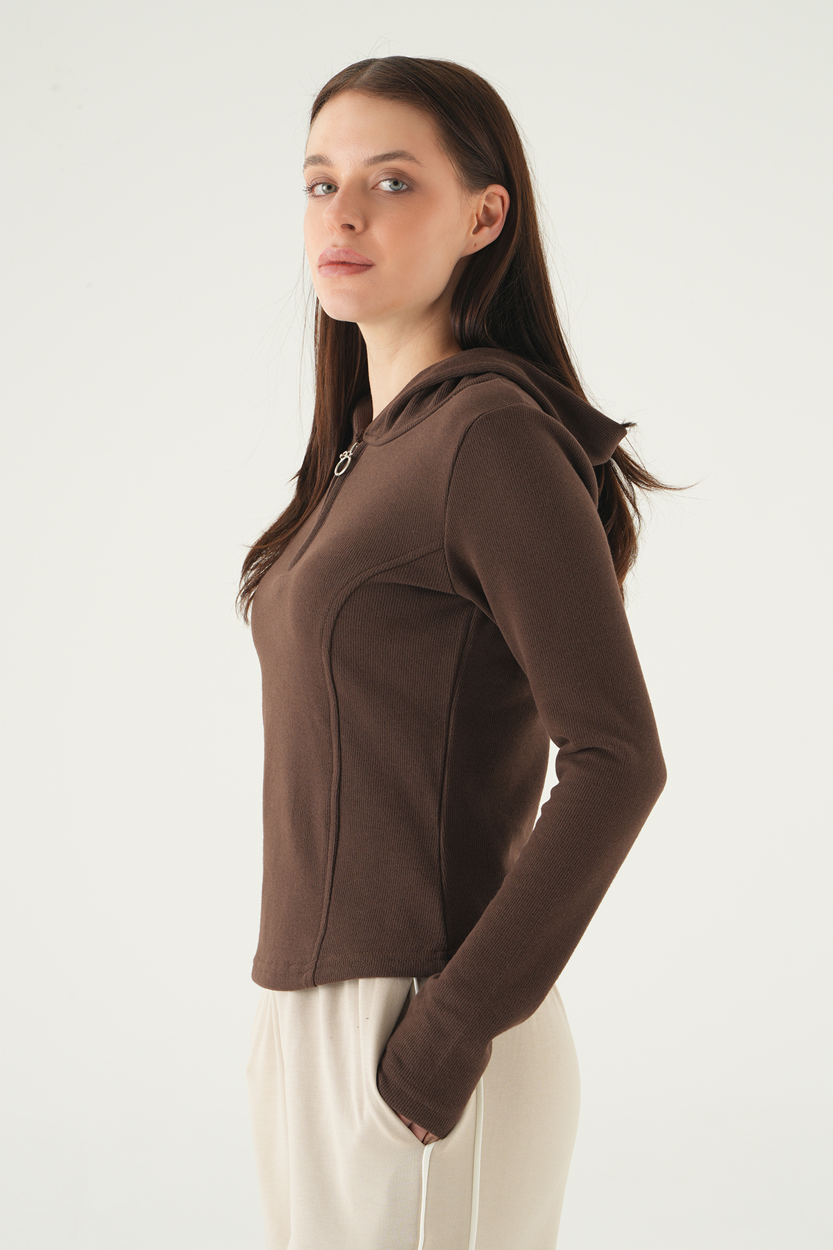 Kahve Fermuarlı Kapüşonlu Kazak 3078A - 6