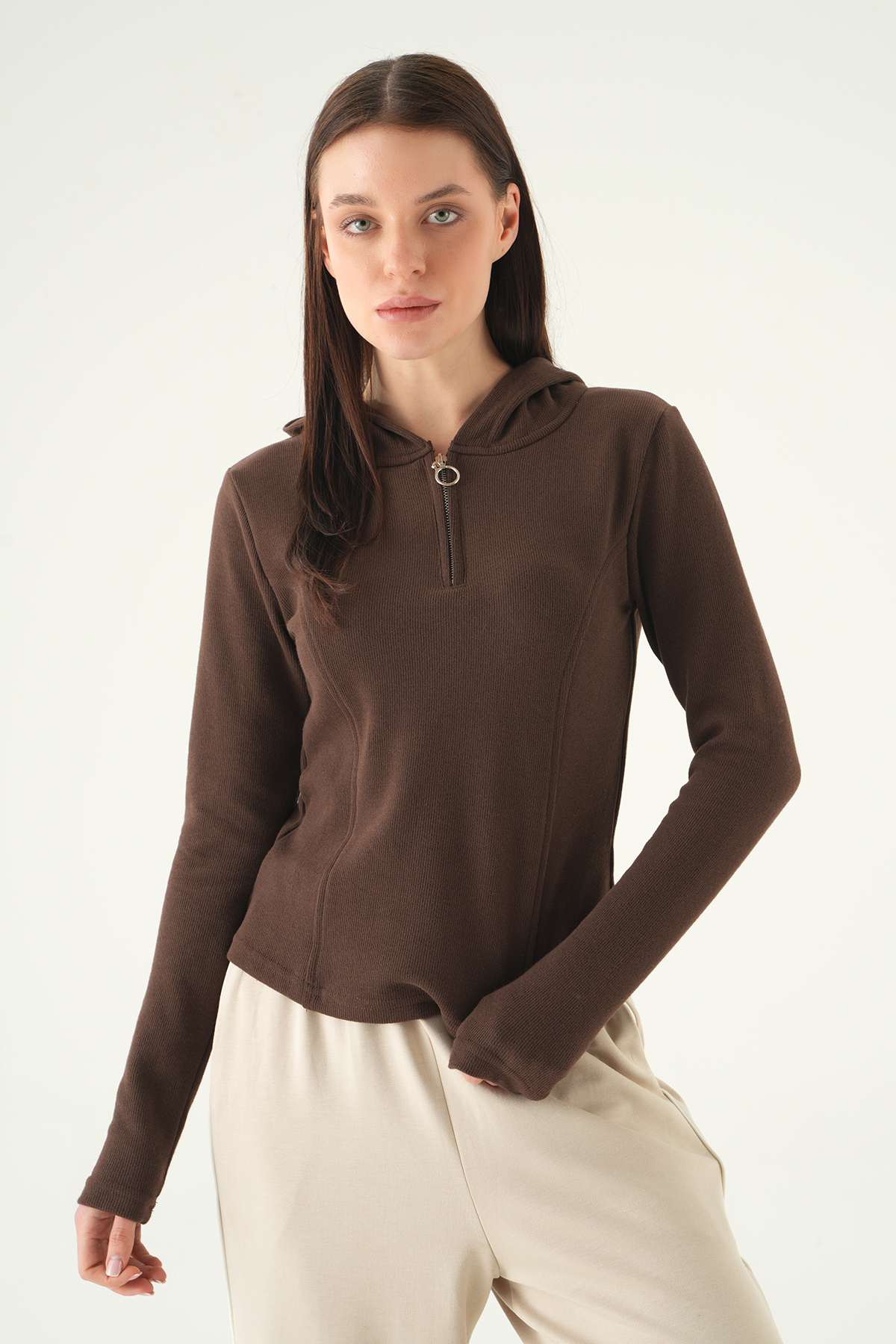 Kahve Fermuarlı Kapüşonlu Kazak 3078A - 7