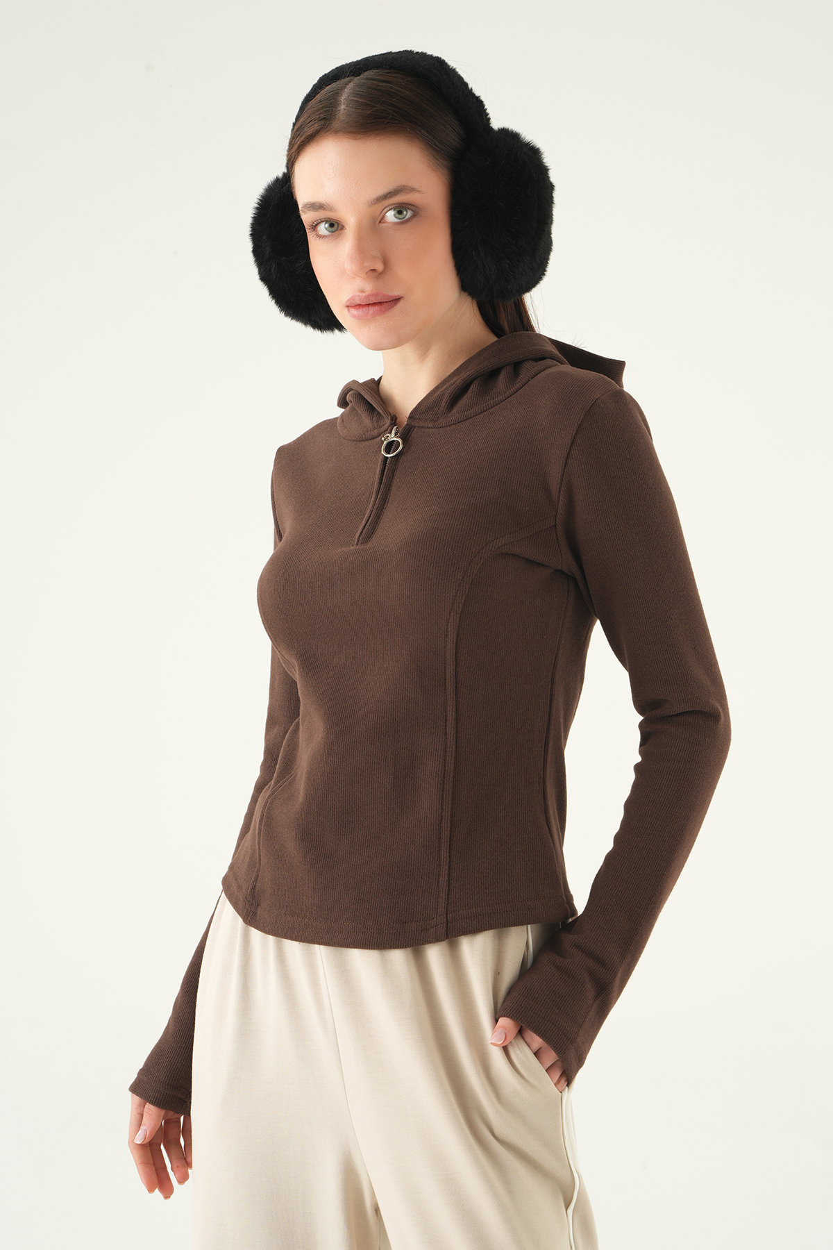 Kahve Fermuarlı Kapüşonlu Kazak 3078A - RAYS (1)