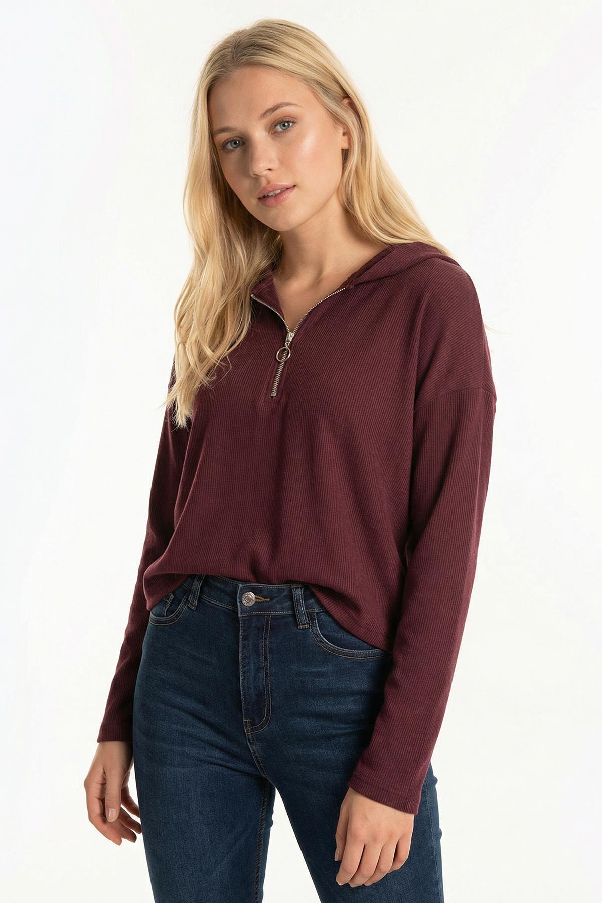 3078A Fermuarlı Kapüşonlu Kazak Mürdüm - RAYS