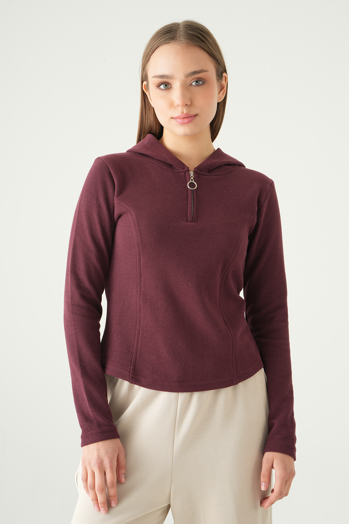 Mürdüm Fermuarlı Kapüşonlu Kazak 3078A - 1