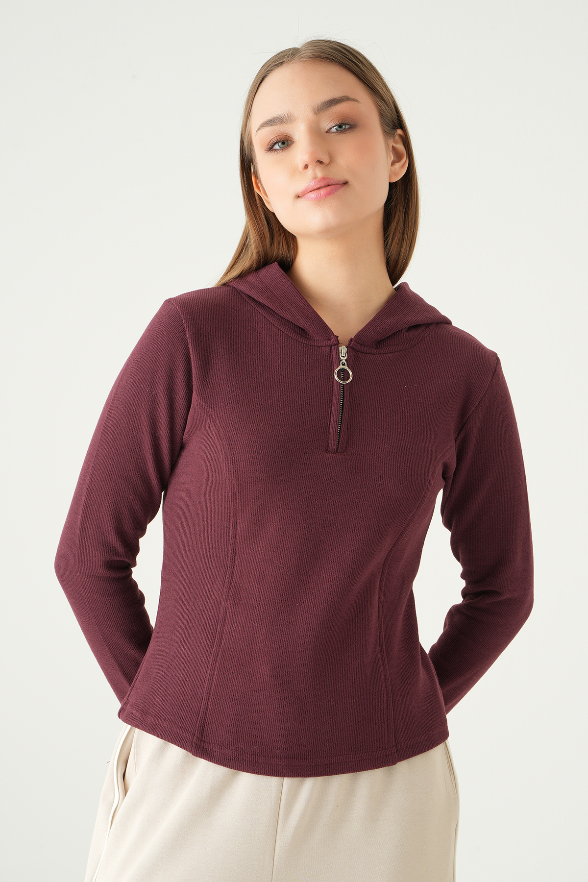 Mürdüm Fermuarlı Kapüşonlu Kazak 3078A - 2