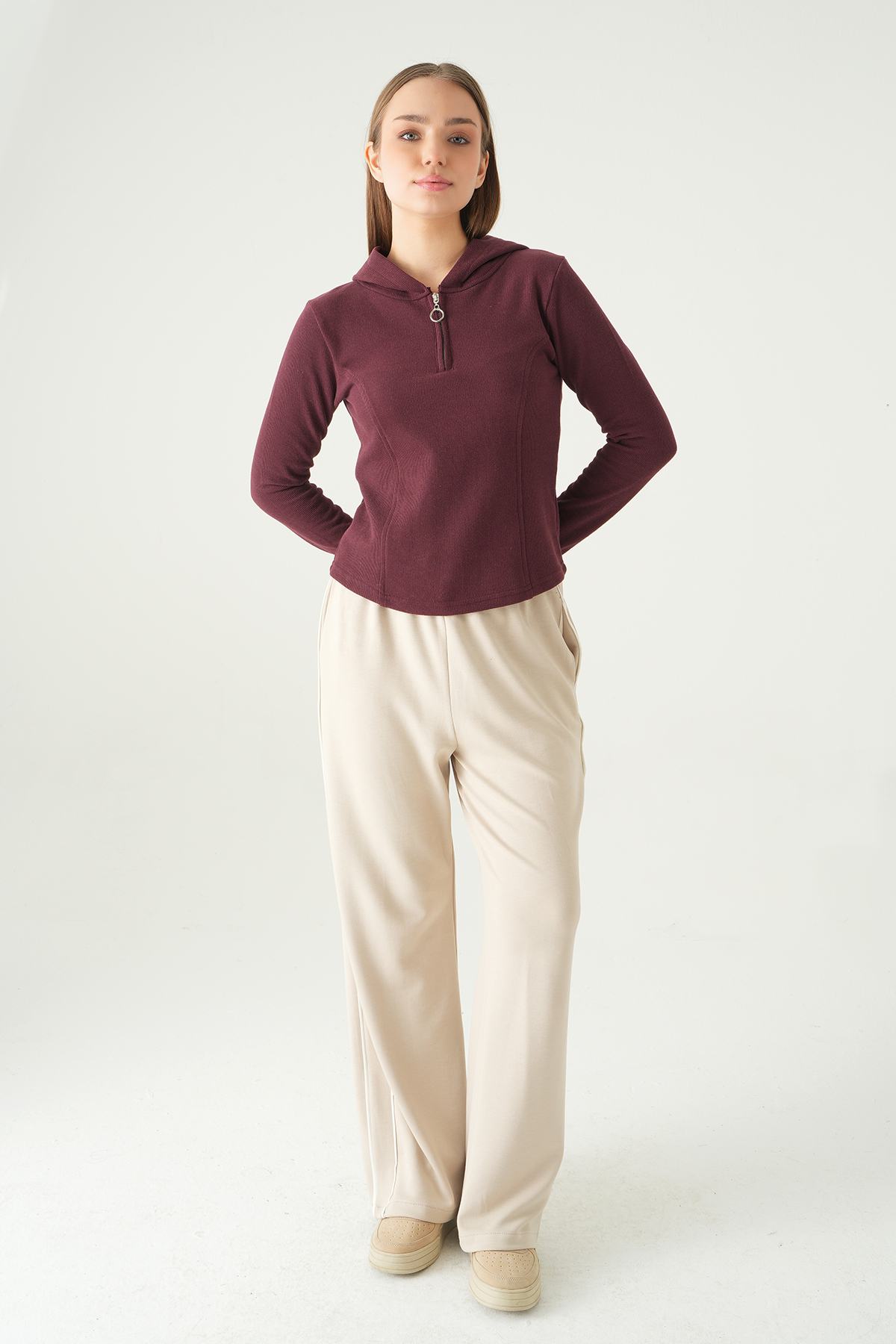 Mürdüm Fermuarlı Kapüşonlu Kazak 3078A - 3