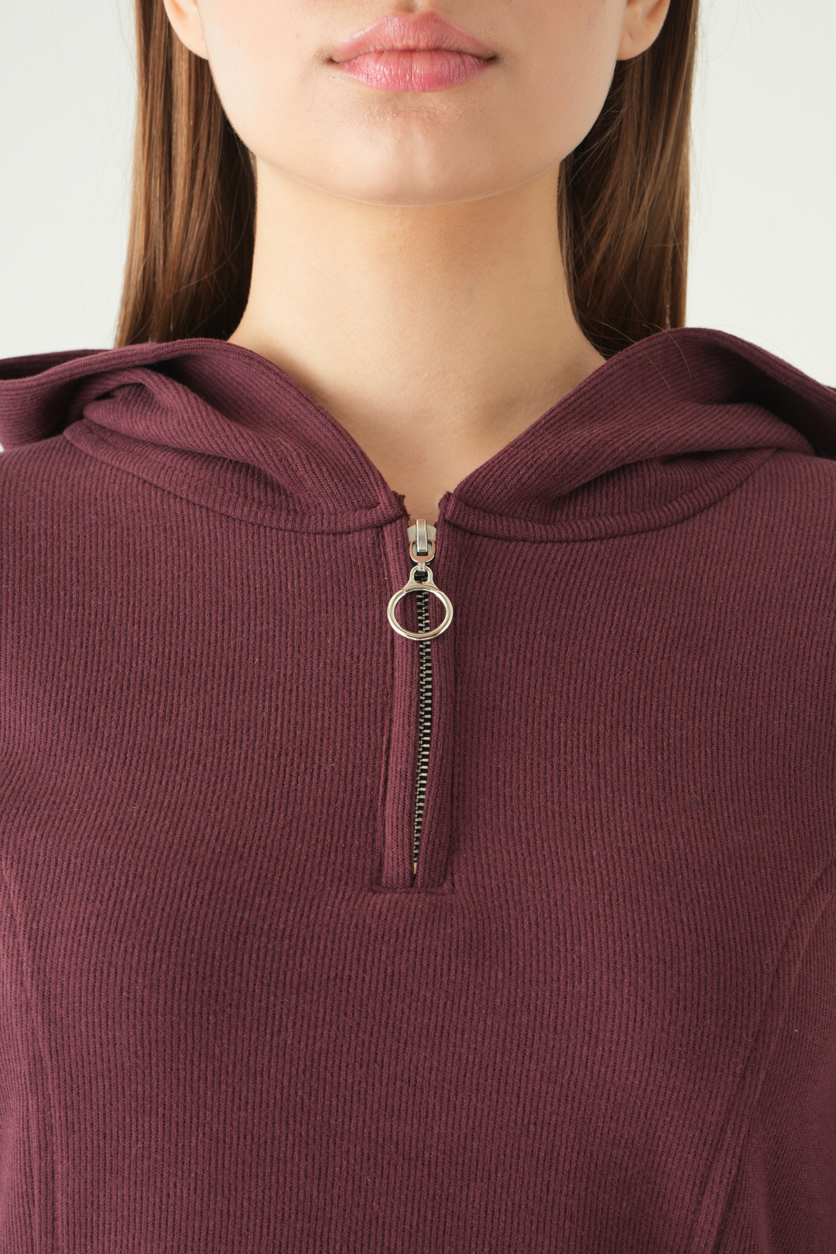 Mürdüm Fermuarlı Kapüşonlu Kazak 3078A - 4