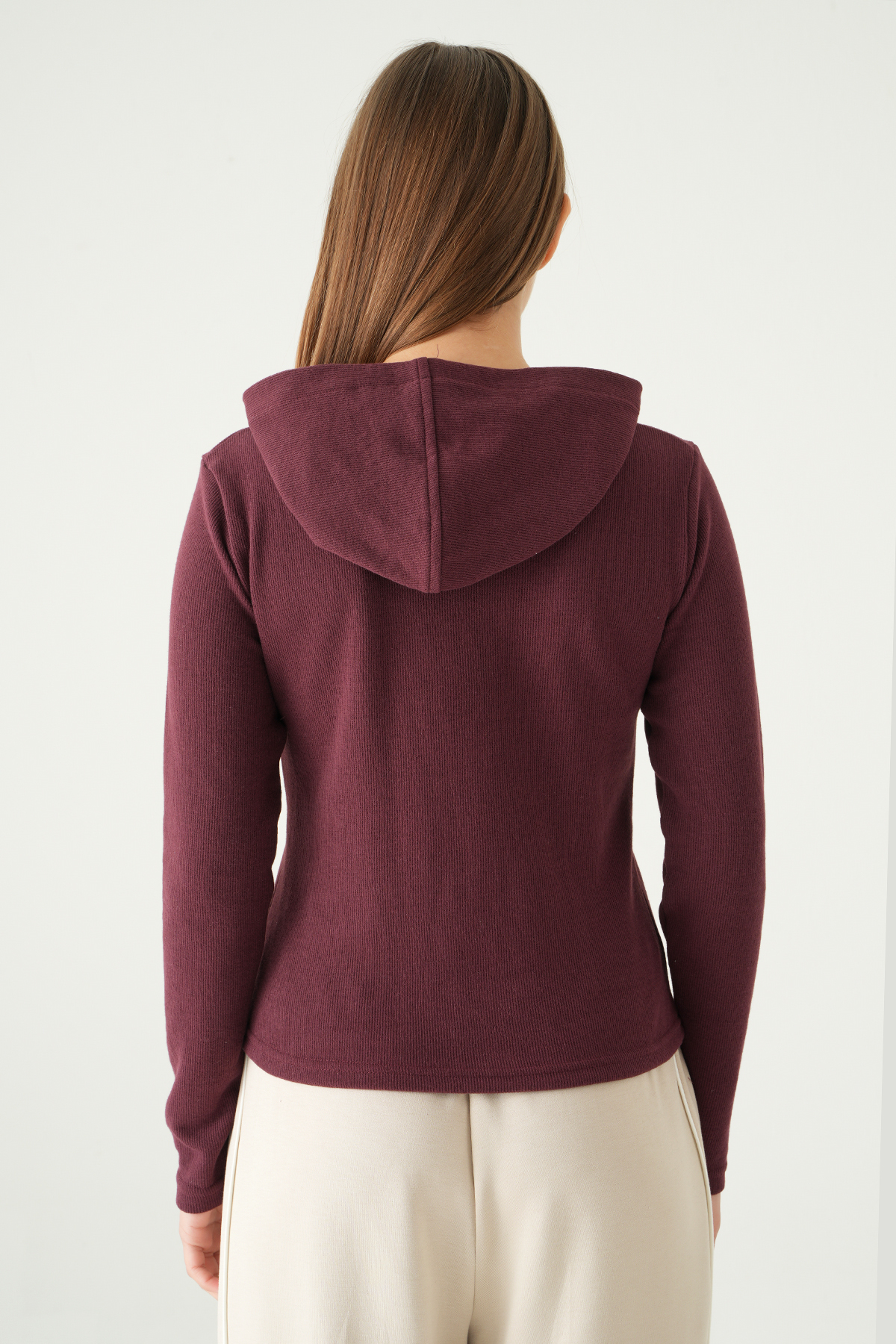 Mürdüm Fermuarlı Kapüşonlu Kazak 3078A - 5