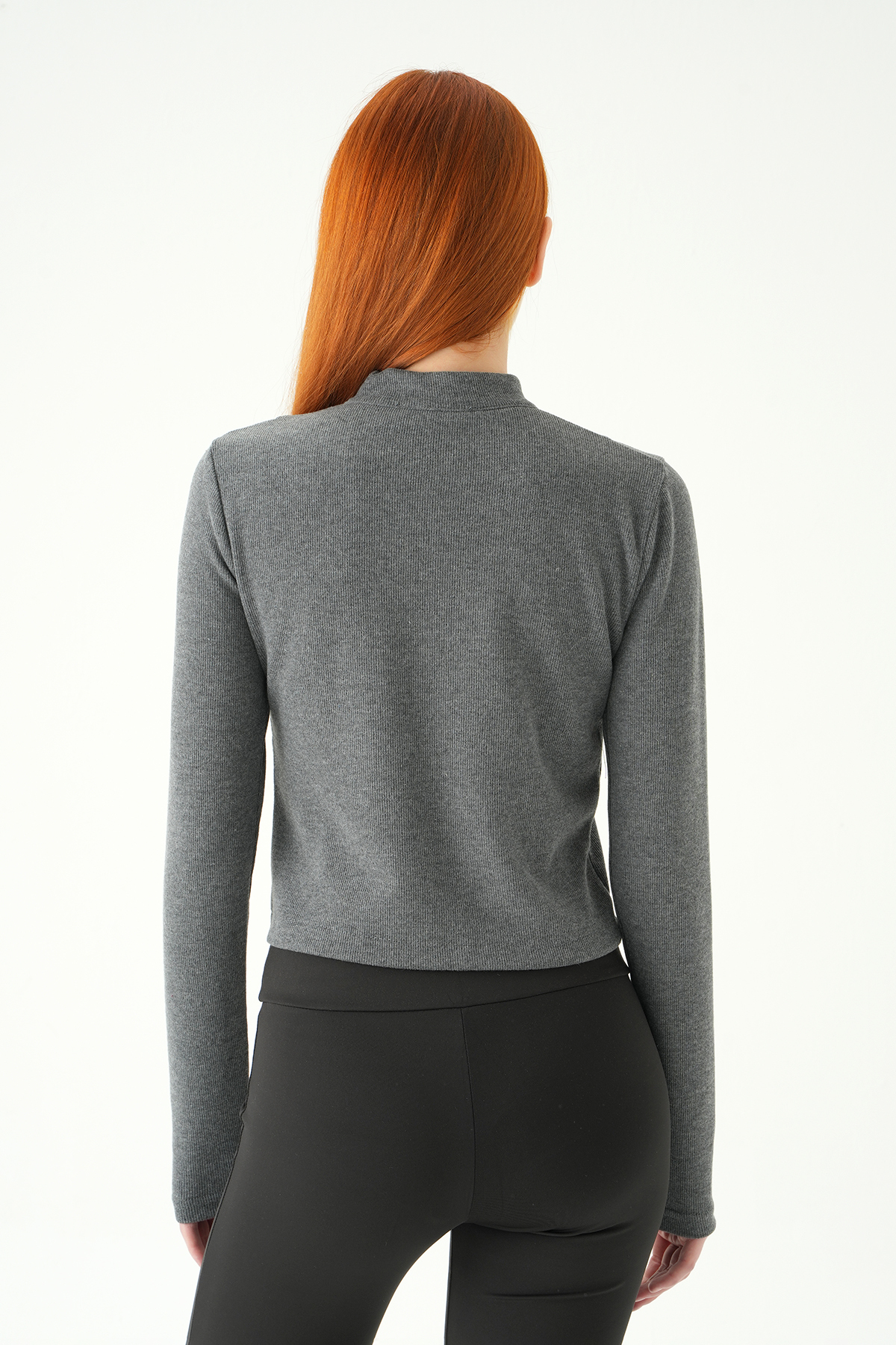 Antrasit Ön Fermuarlı Kısa Hırka 3080A - 5