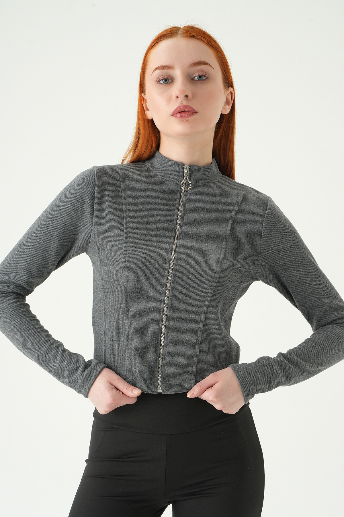 Antrasit Ön Fermuarlı Kısa Hırka 3080A - 6