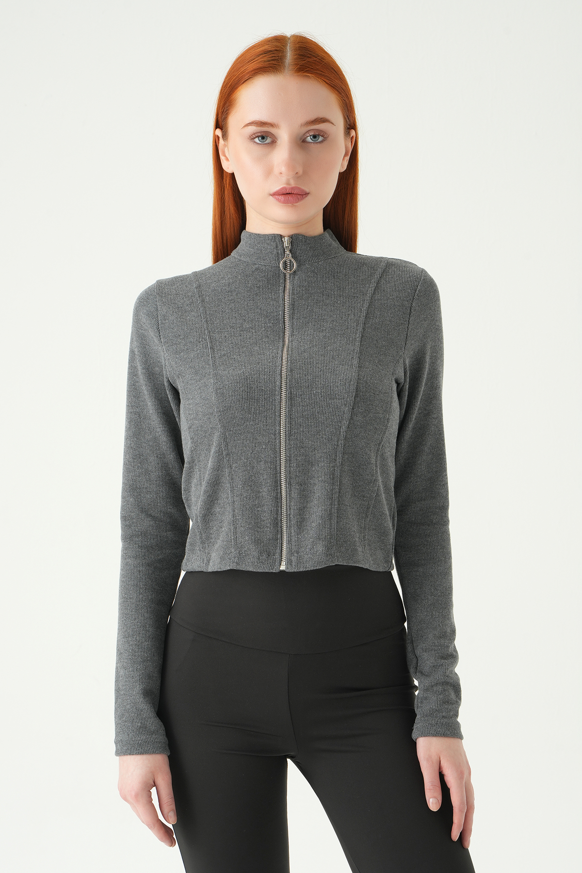 Antrasit Ön Fermuarlı Kısa Hırka 3080A 