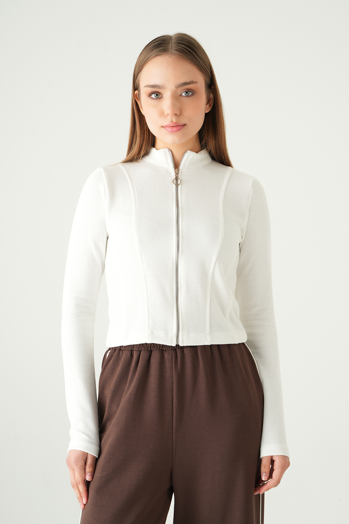 3080A Ön Fermuarlı Kısa Hırka Ekru - RAYS