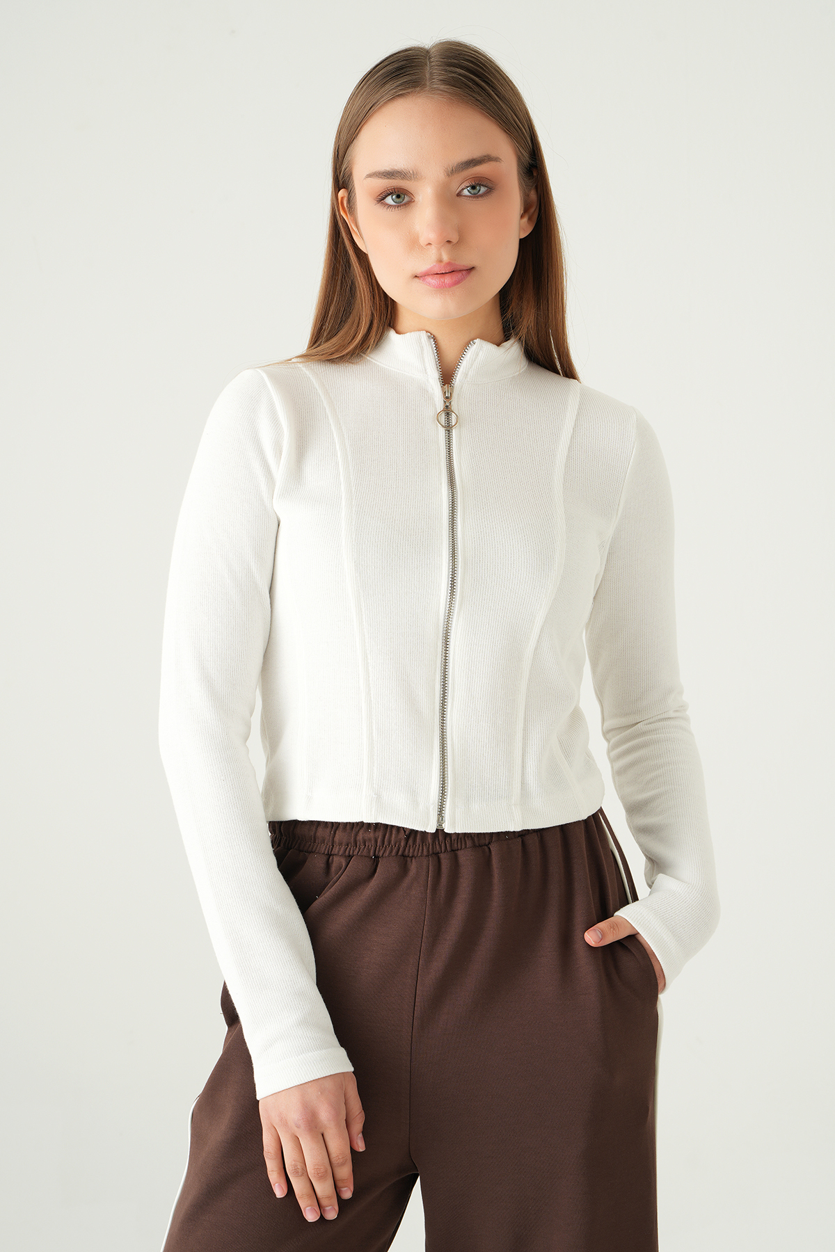 Ekru Ön Fermuarlı Kısa Hırka 3080A - 2