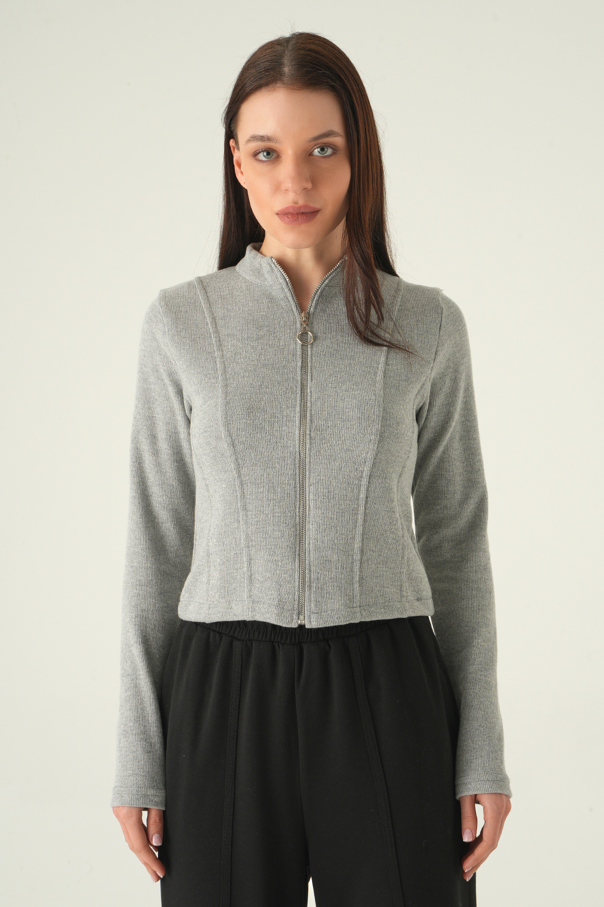 3080A Ön Fermuarlı Kısa Hırka Gri - 2