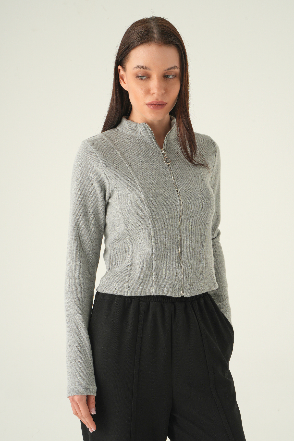 3080A Ön Fermuarlı Kısa Hırka Gri - 5