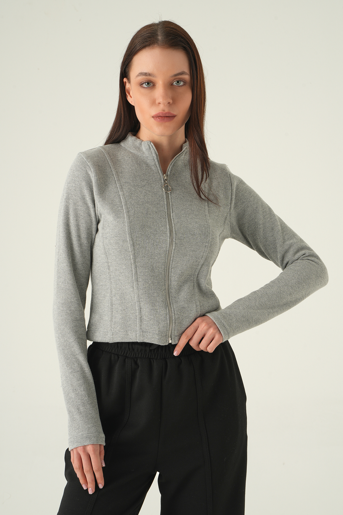 Gri Ön Fermuarlı Kısa Hırka 3080A 