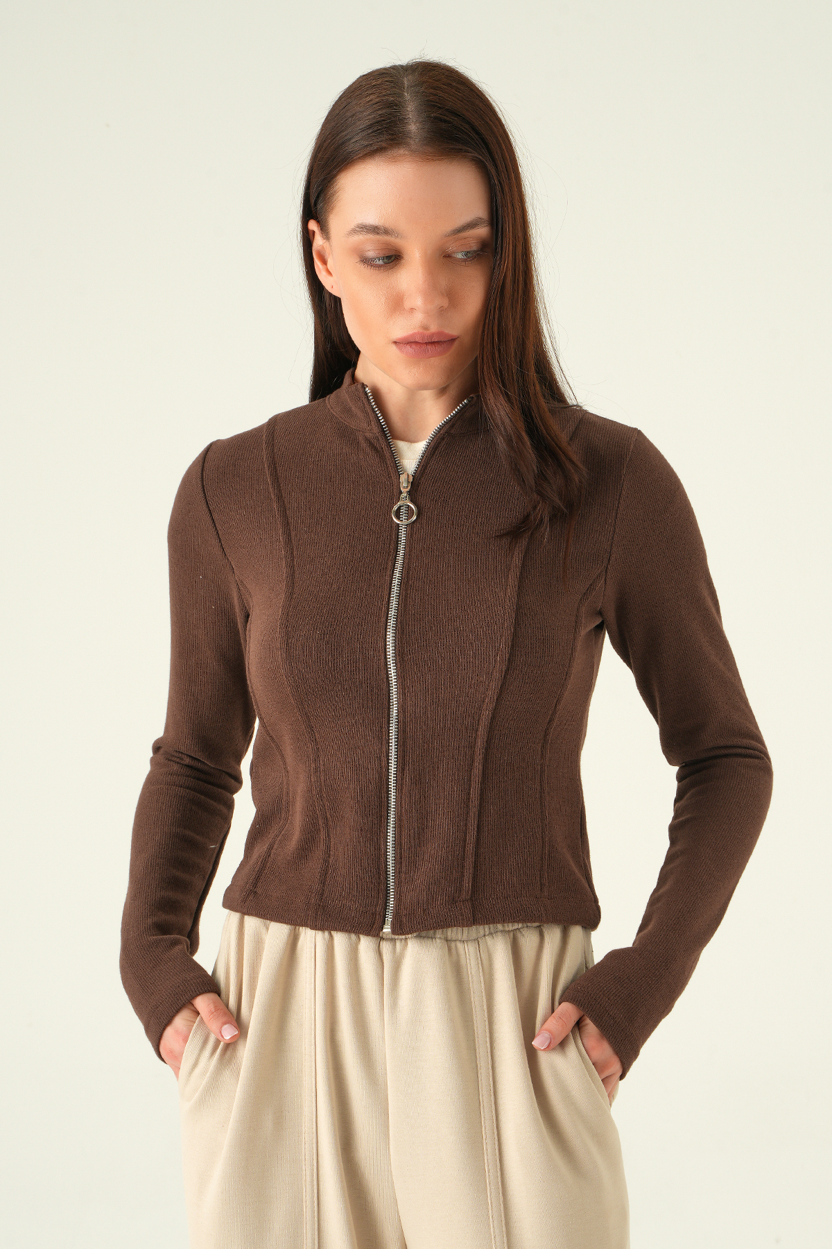 3080A Ön Fermuarlı Kısa Hırka Kahve - 2