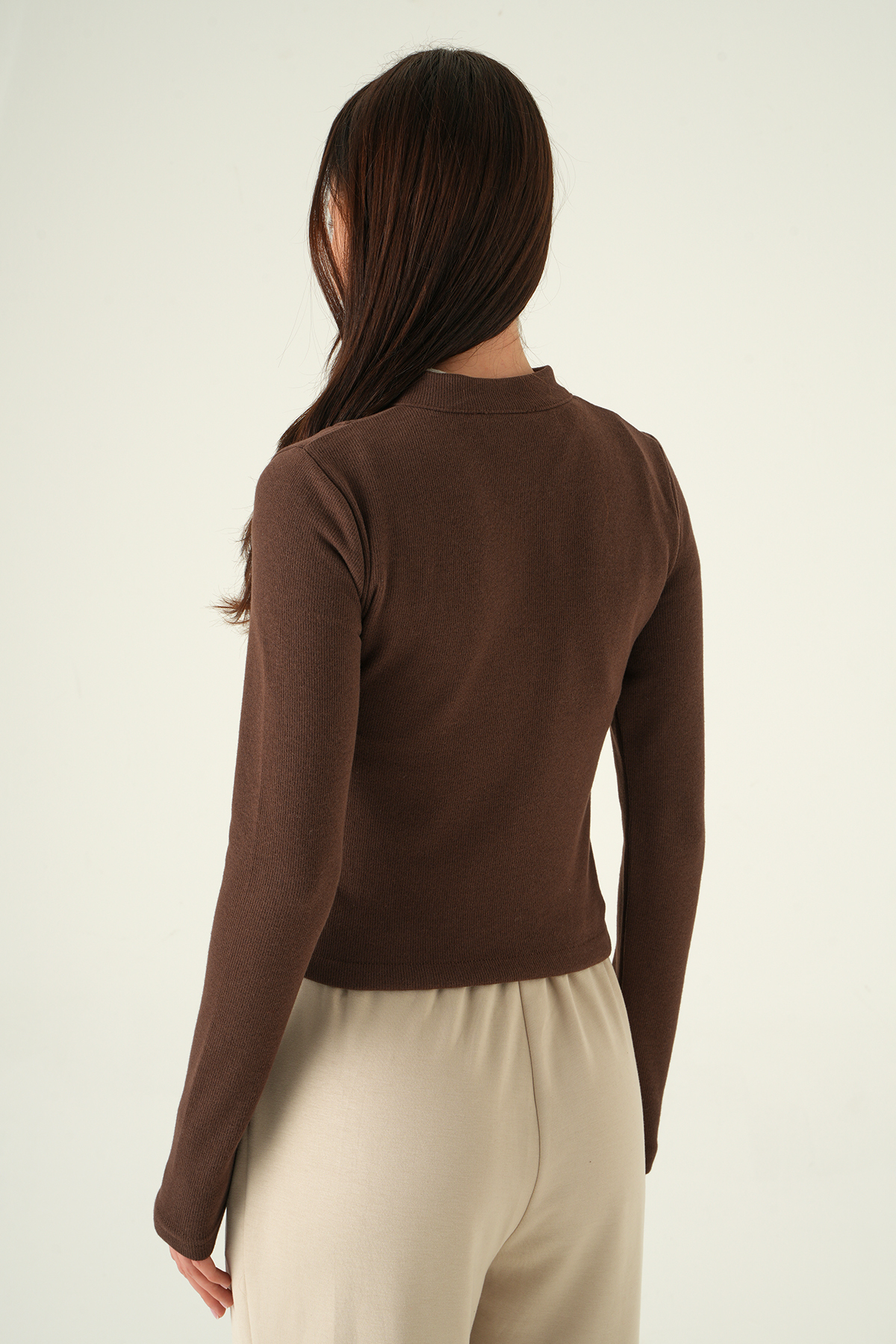 3080A Ön Fermuarlı Kısa Hırka Kahve - 5