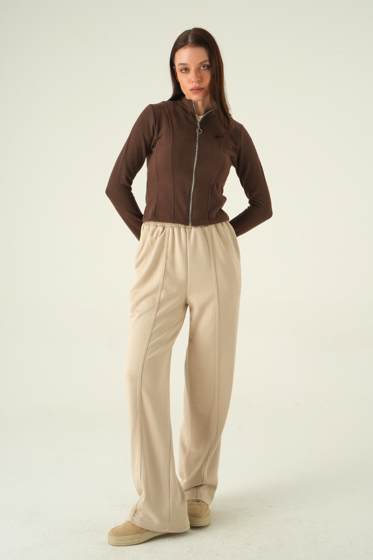 3080A Ön Fermuarlı Kısa Hırka Kahve - RAYS