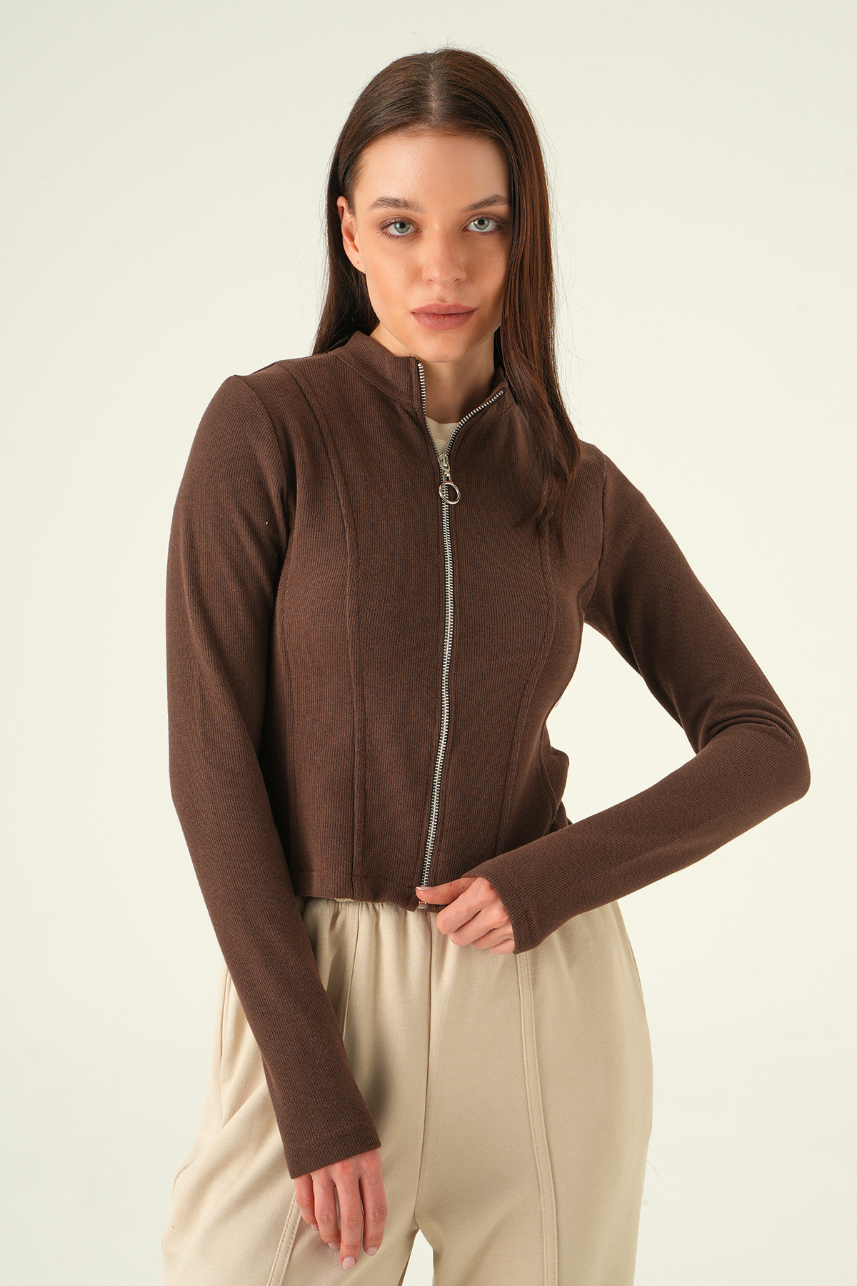 Kahve Ön Fermuarlı Kısa Hırka 3080A - 6