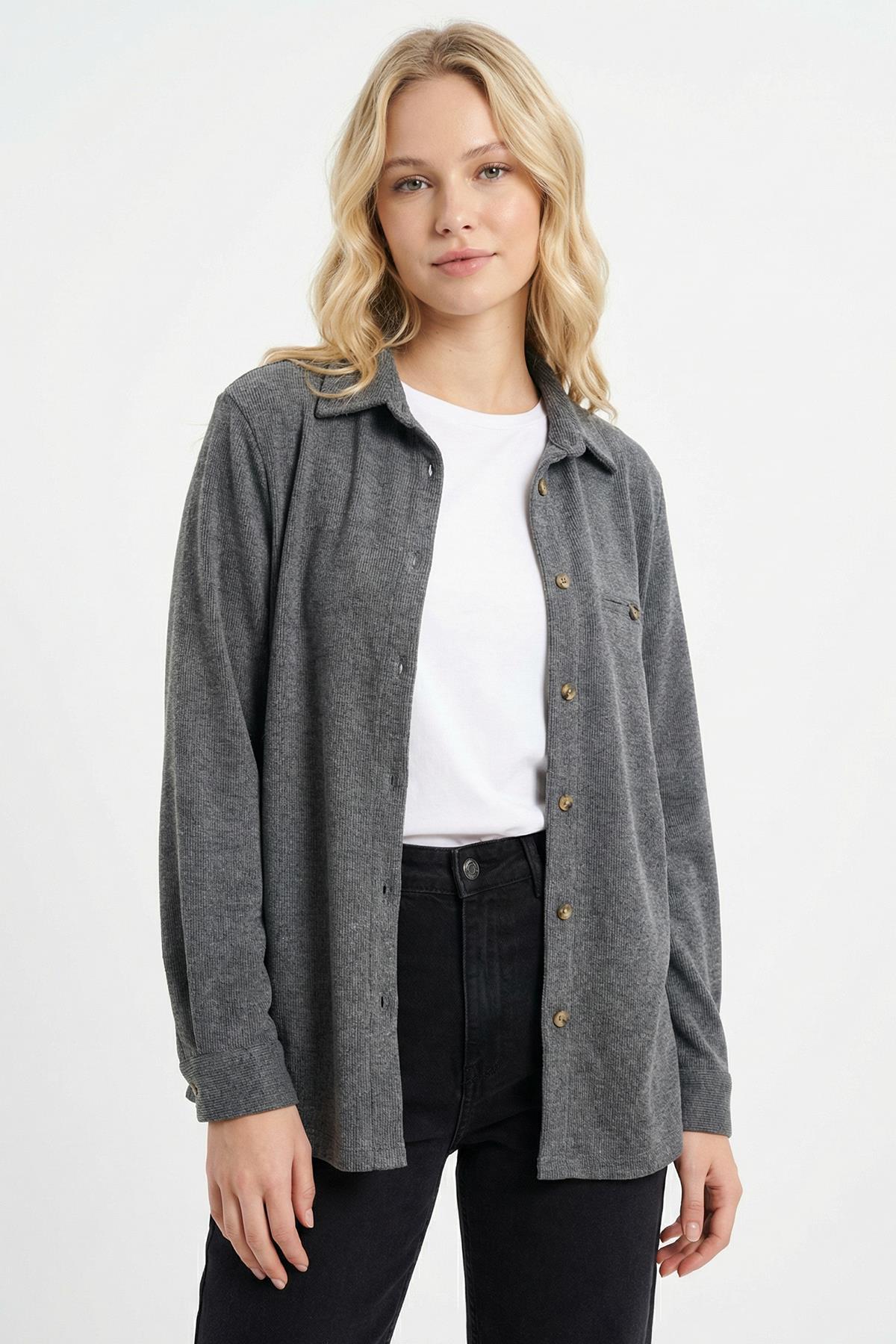 3081A Ön Düğmeli Gömlek Antrasit - 1