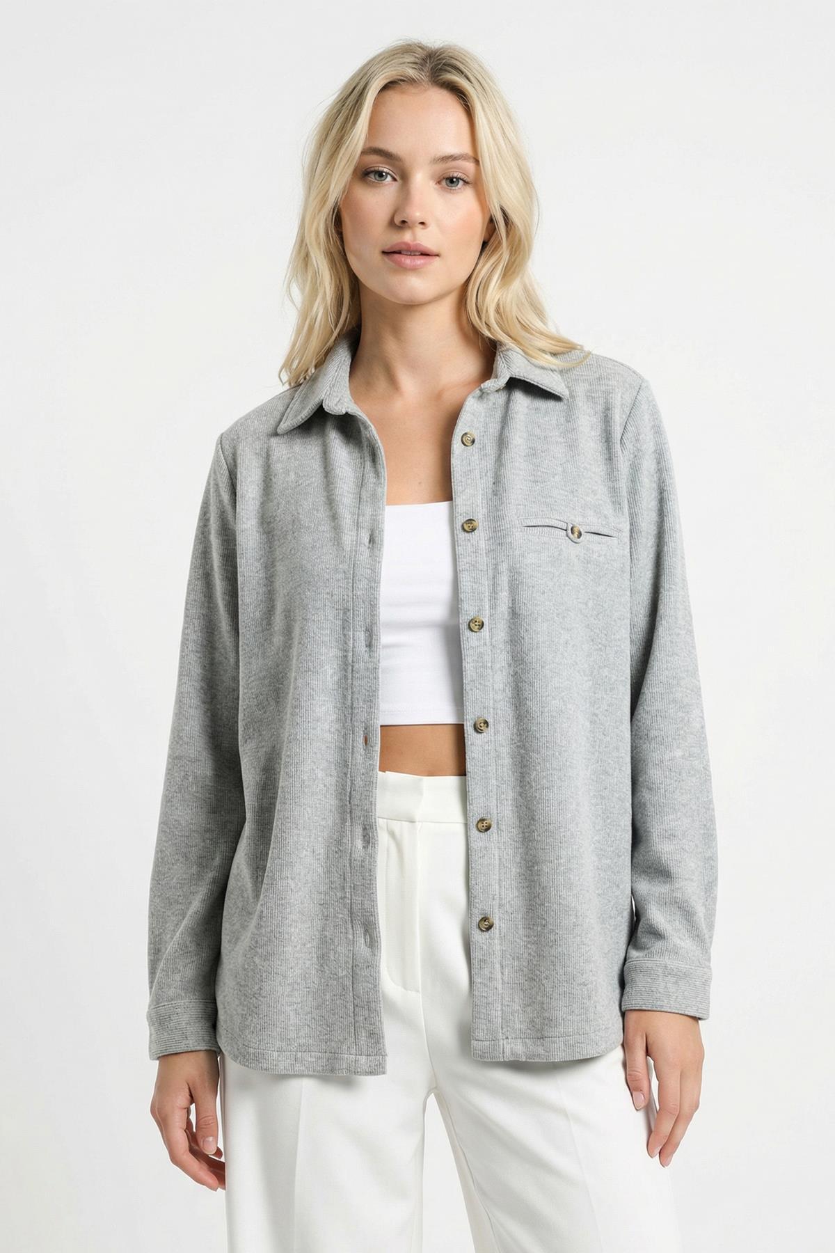3081A Ön Düğmeli Gömlek Gri - 1