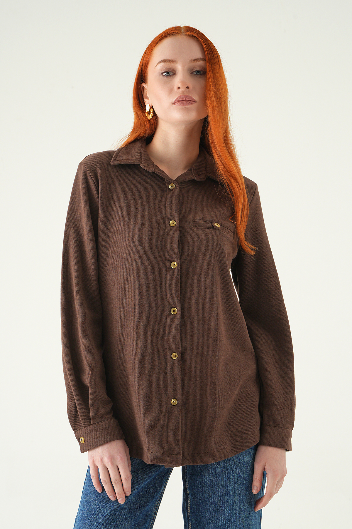 3081A Ön Düğmeli Gömlek Kahve - RAYS
