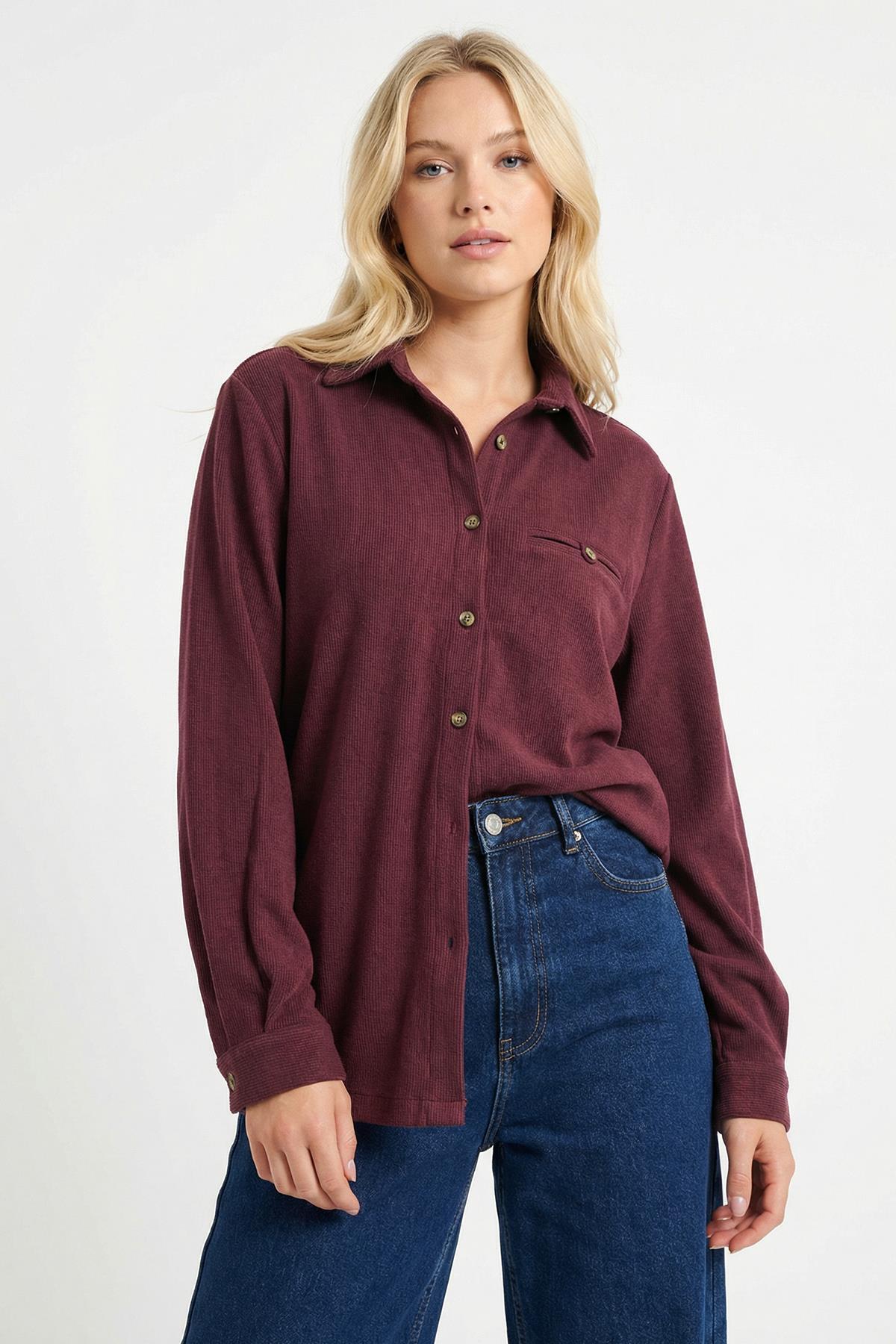 3081A Ön Düğmeli Gömlek Mürdüm - RAYS