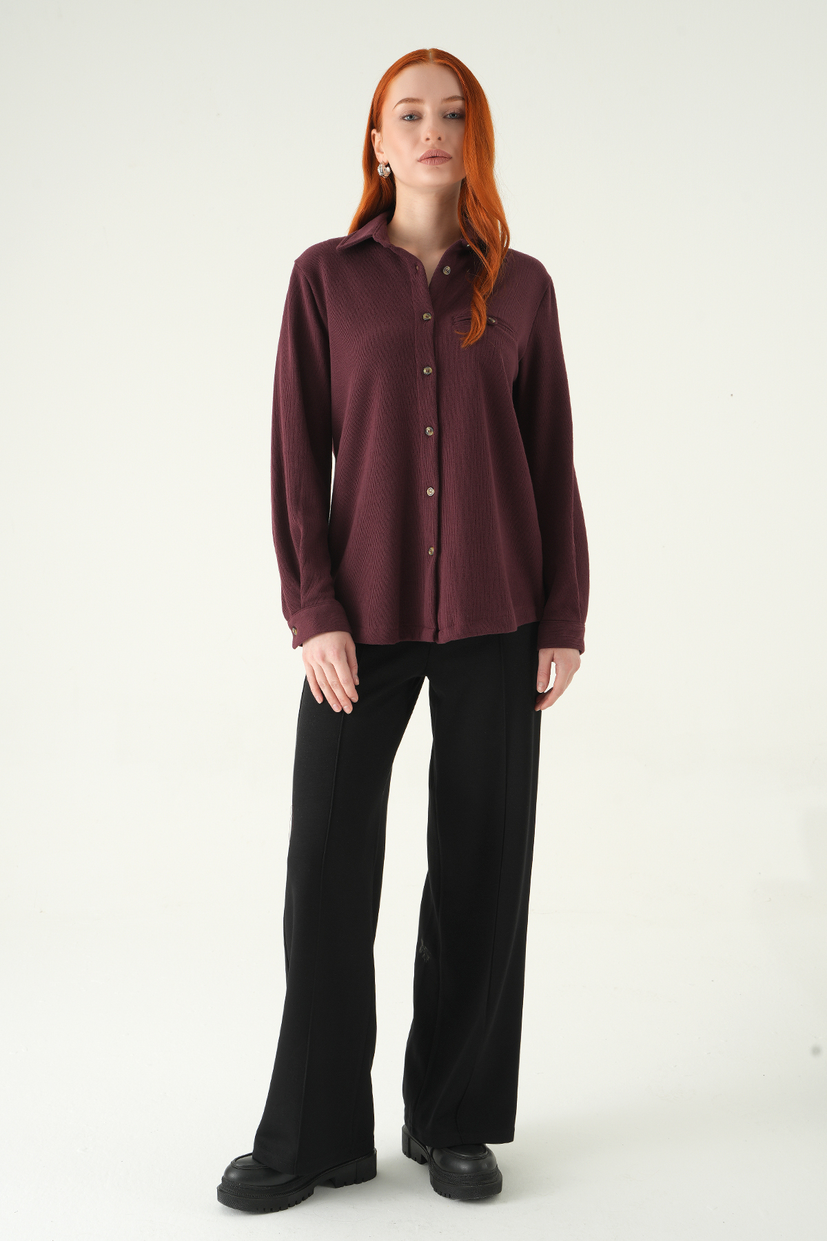 3081A Ön Düğmeli Gömlek Mürdüm - RAYS