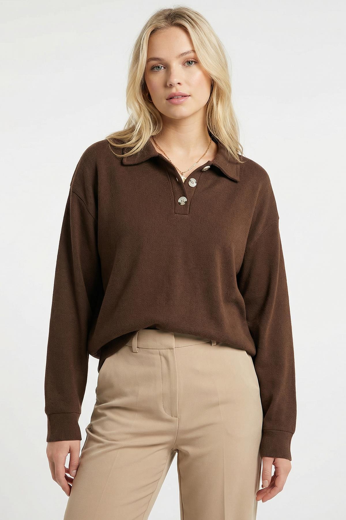 3082A Gömlek Yaka Kazak Kahve - 1