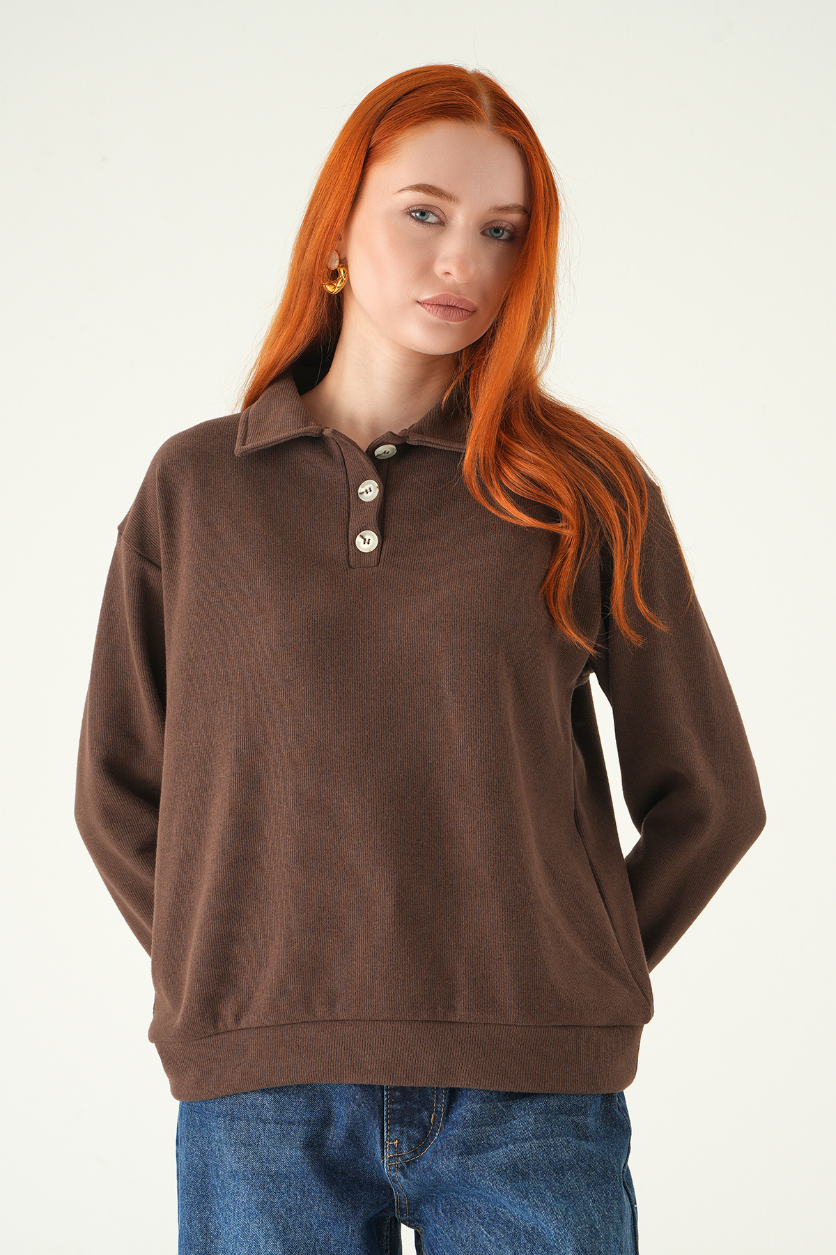 3082A Gömlek Yaka Kazak Kahve - RAYS