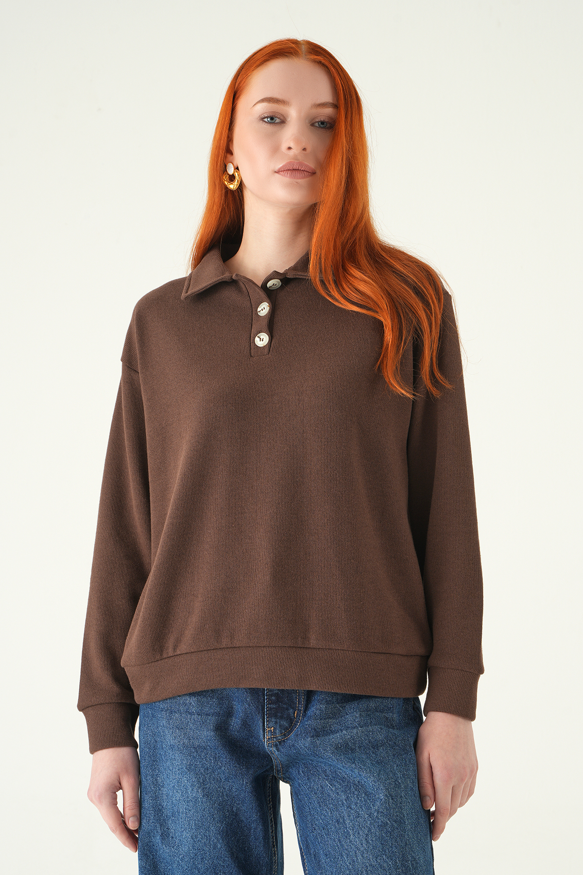 Kahve Gömlek Yaka Kazak 3082A - 1