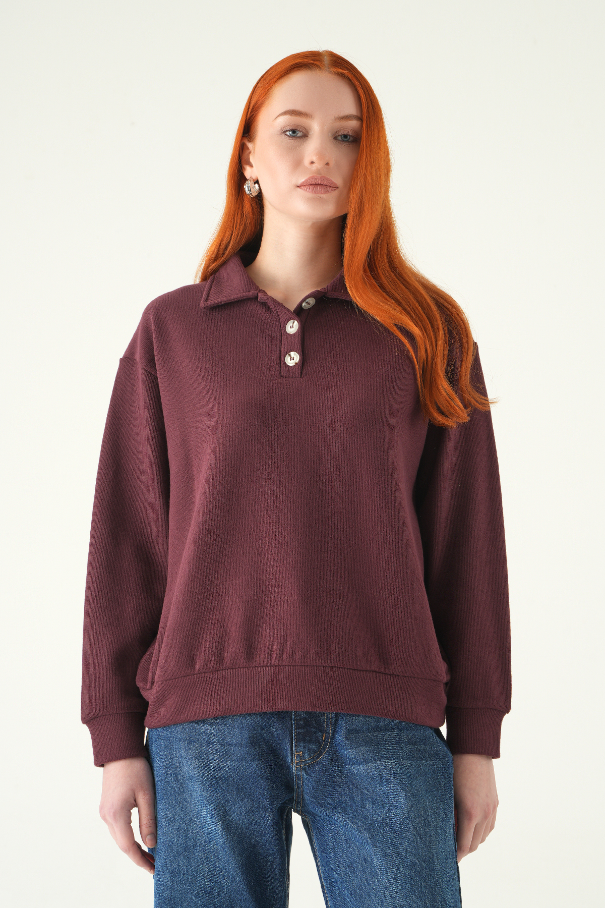 Mürdüm Gömlek Yaka Kazak 3082A - 1