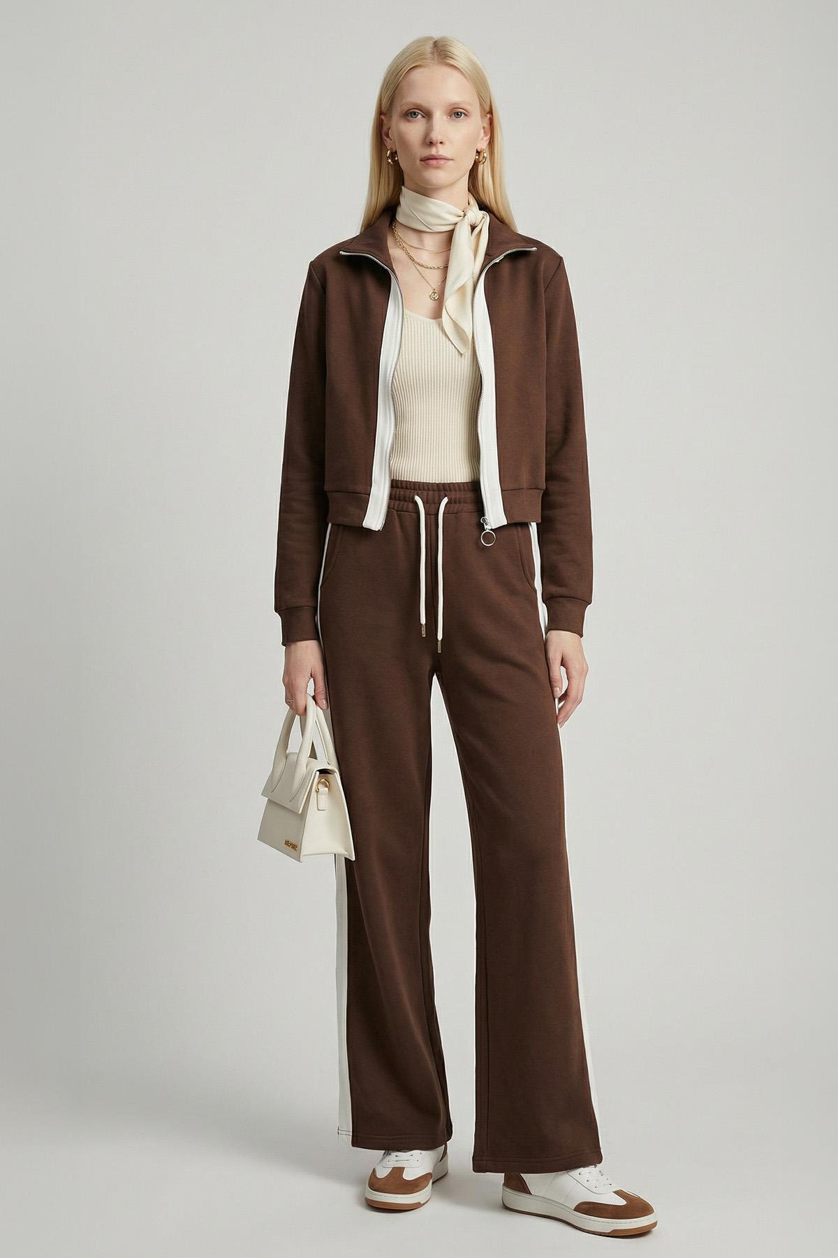 3085A Şeritli Hırka Pantolon Takım Kahve - RAYS