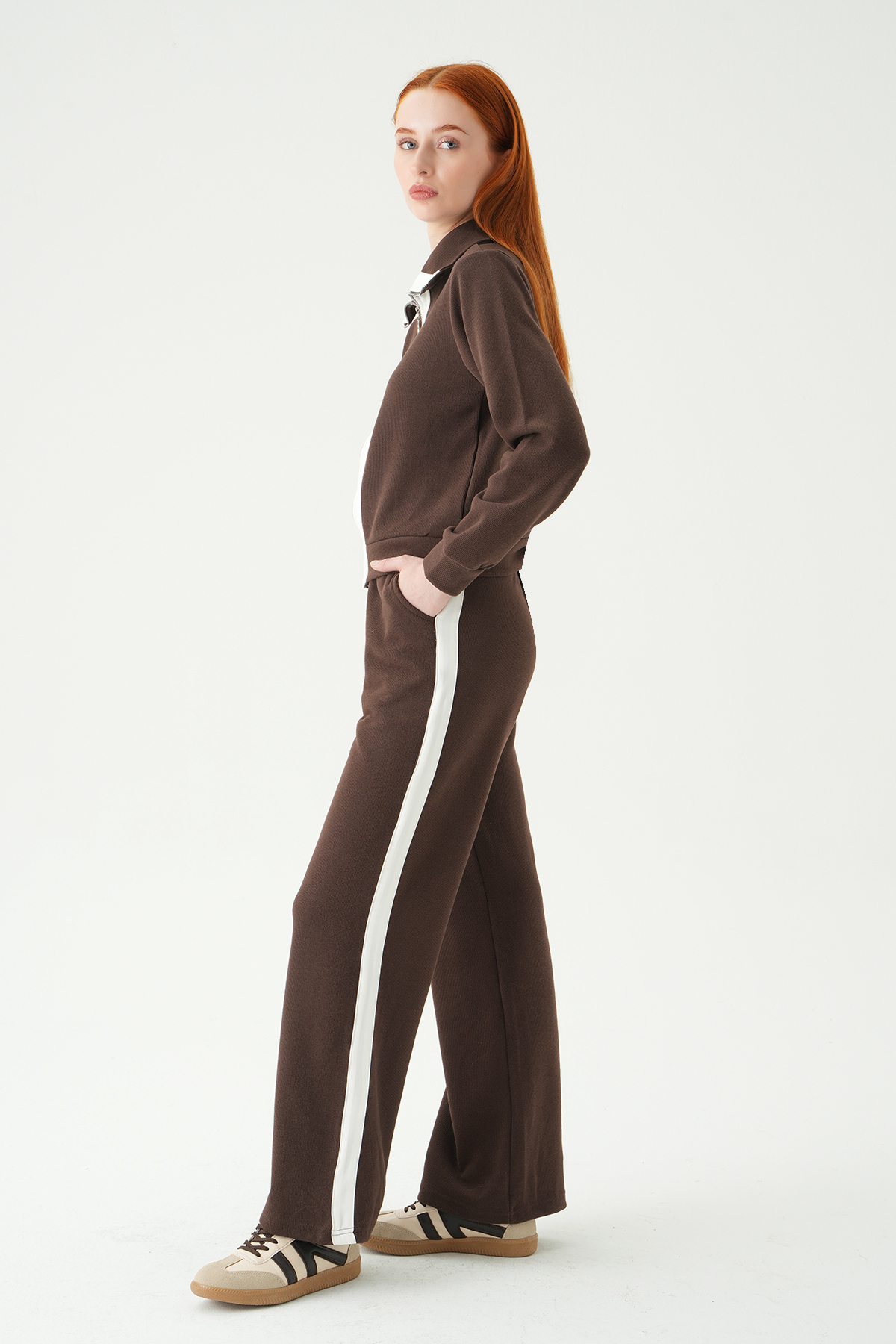 3085A Şeritli Hırka Pantolon Takım Kahve - RAYS