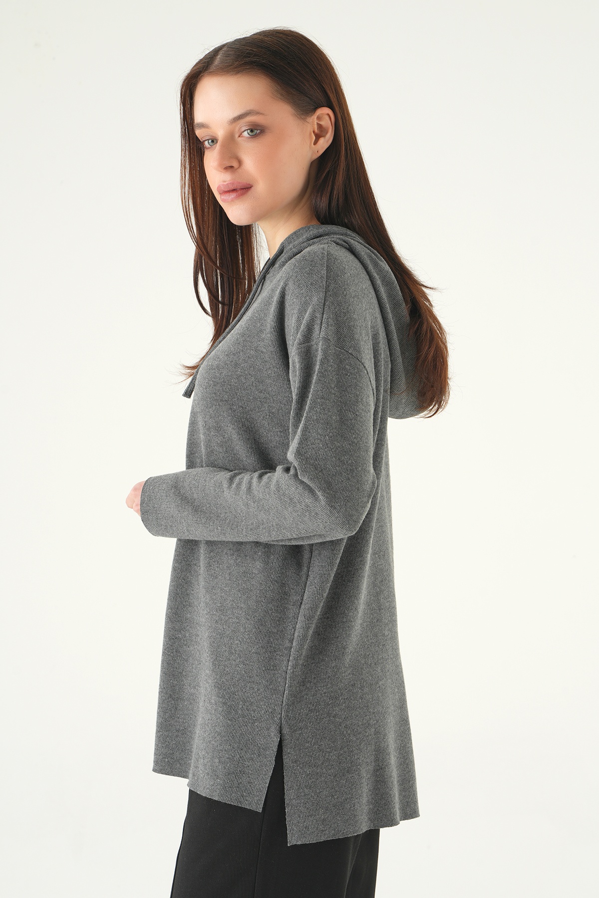Antrasit Kapüşonlu Uzun Kol Tunik 3087A - RAYS