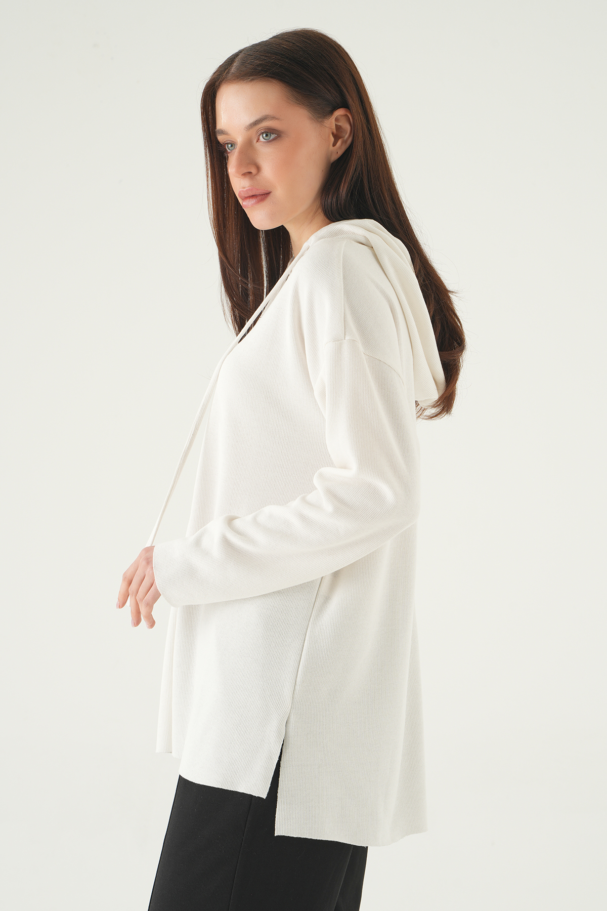 3087A Kapüşonlu Uzun Kol Tunik Ekru - RAYS (1)