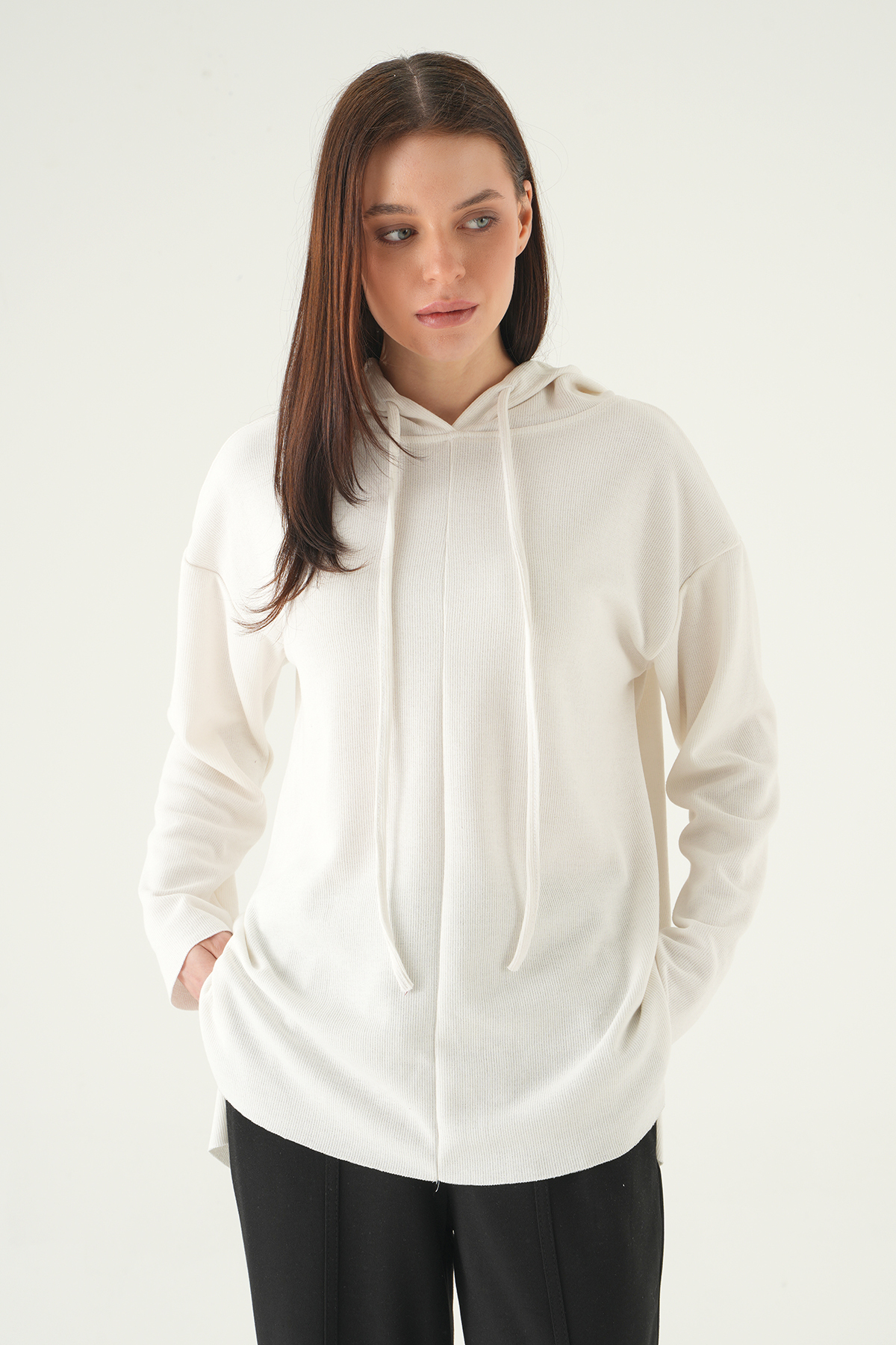 Ekru Kapüşonlu Uzun Kol Tunik 3087A - RAYS