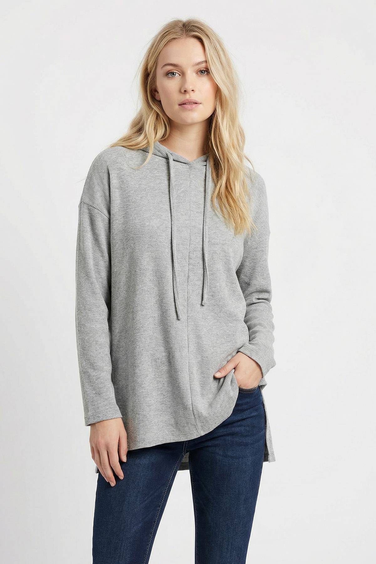 3087A Kapüşonlu Uzun Kol Tunik Gri - RAYS