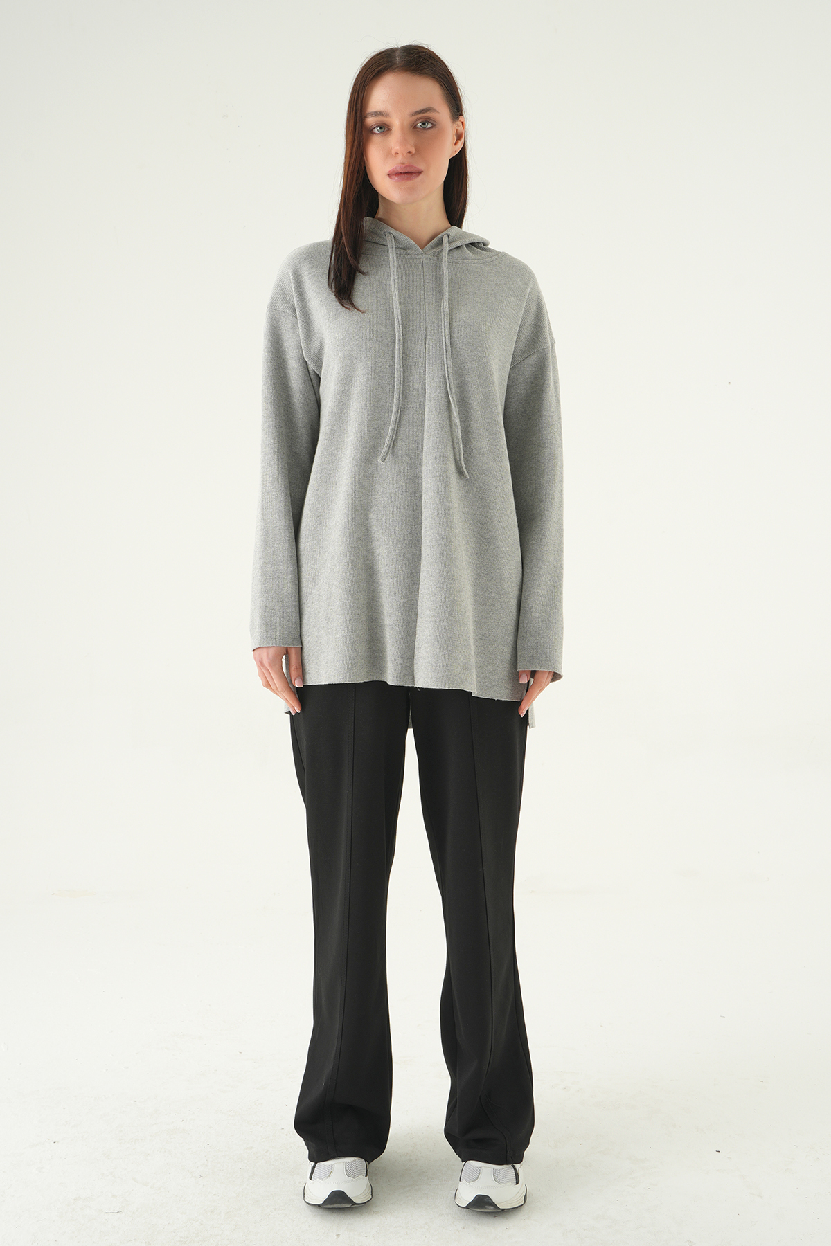 3087A Kapüşonlu Uzun Kol Tunik Gri - RAYS