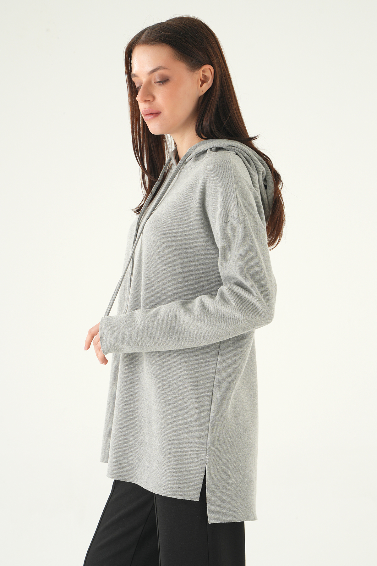 Gri Kapüşonlu Uzun Kol Tunik 3087A - 2