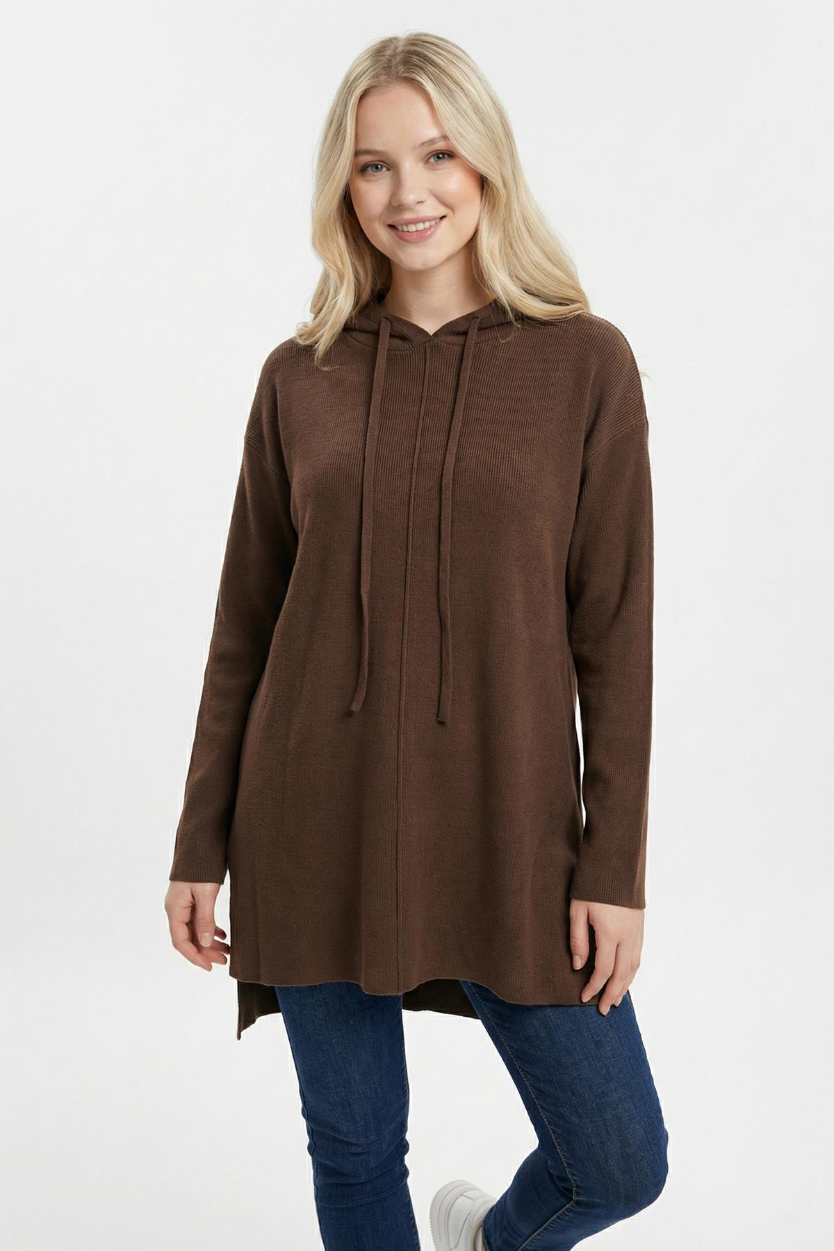 3087A Kapüşonlu Uzun Kol Tunik Kahve - RAYS