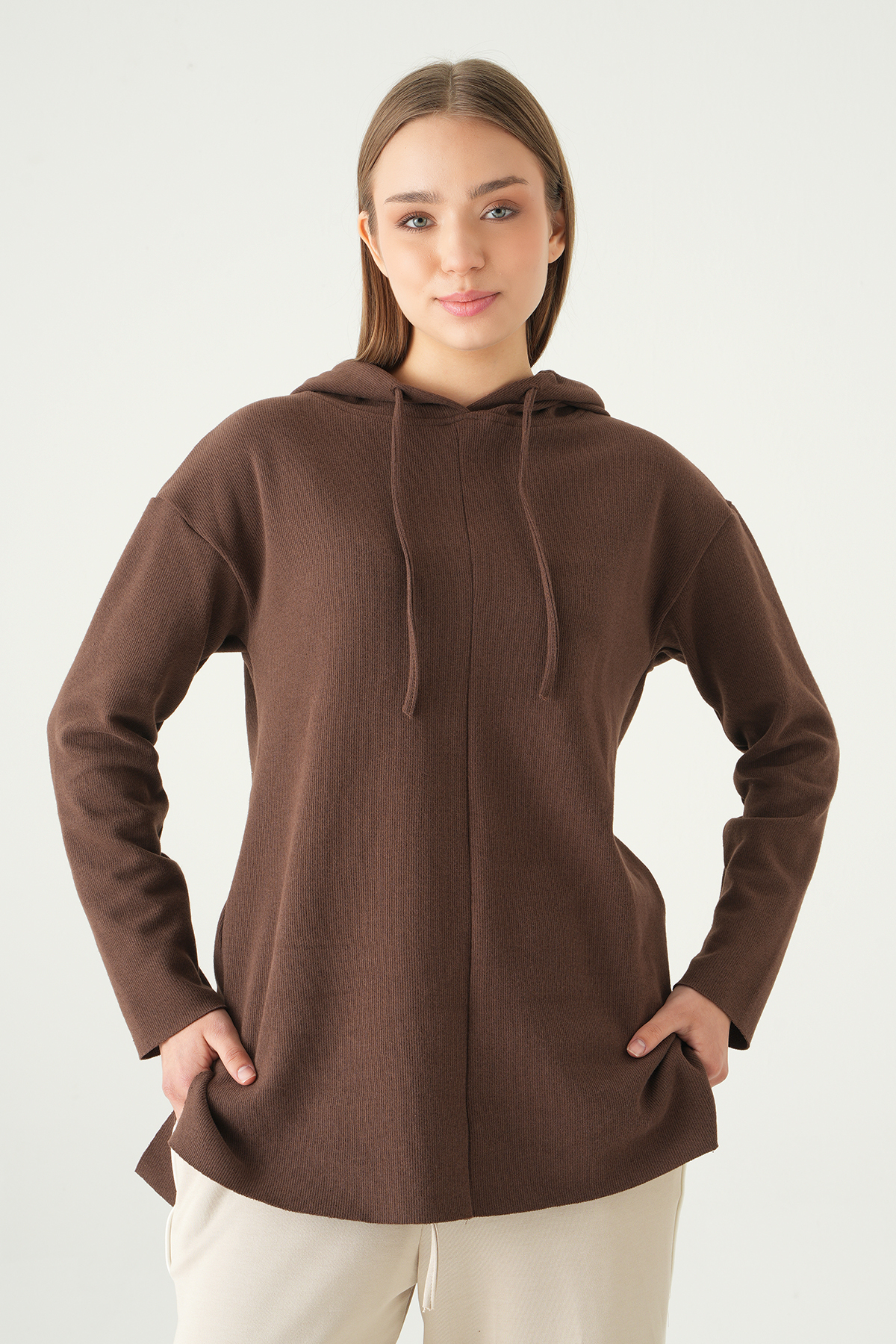 3087A Kapüşonlu Uzun Kol Tunik Kahve - RAYS (1)