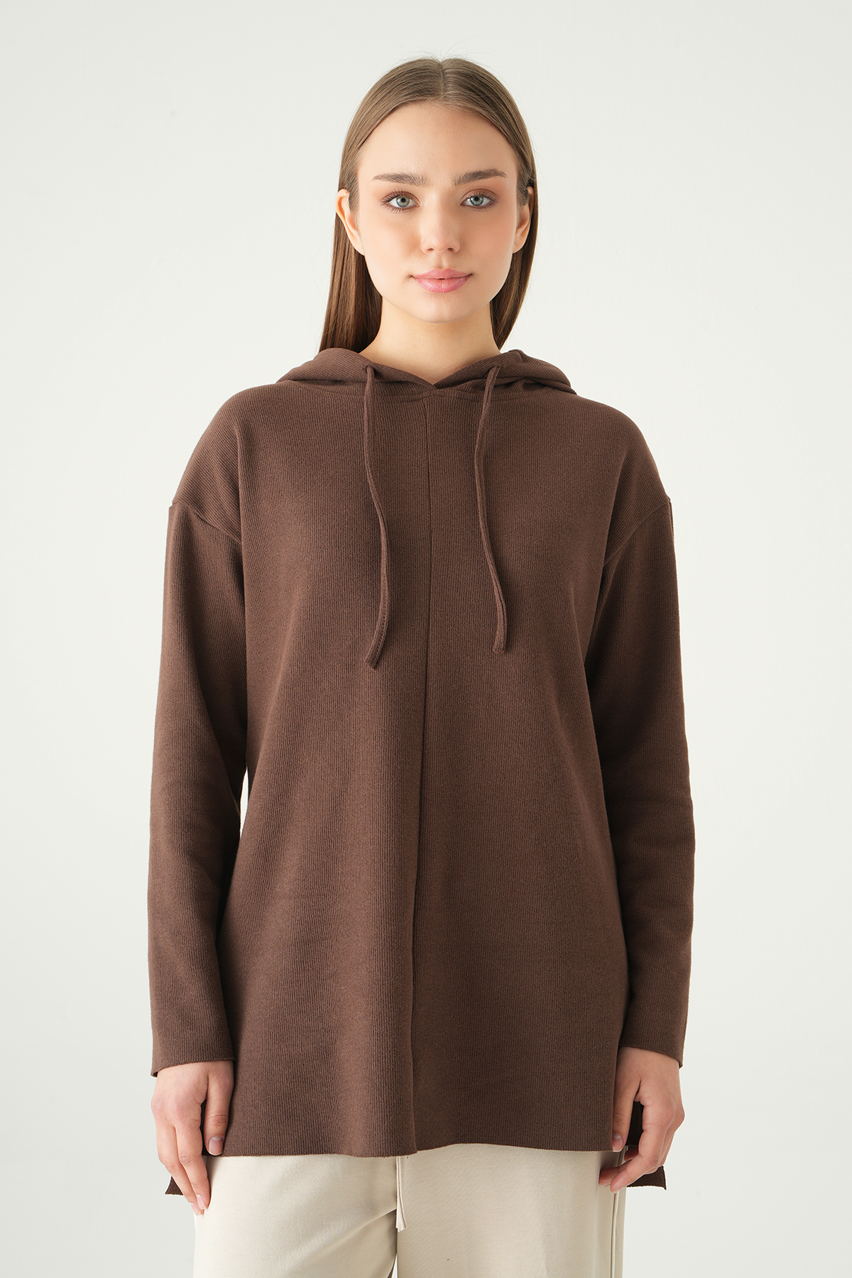 3087A Kapüşonlu Uzun Kol Tunik Kahve - RAYS