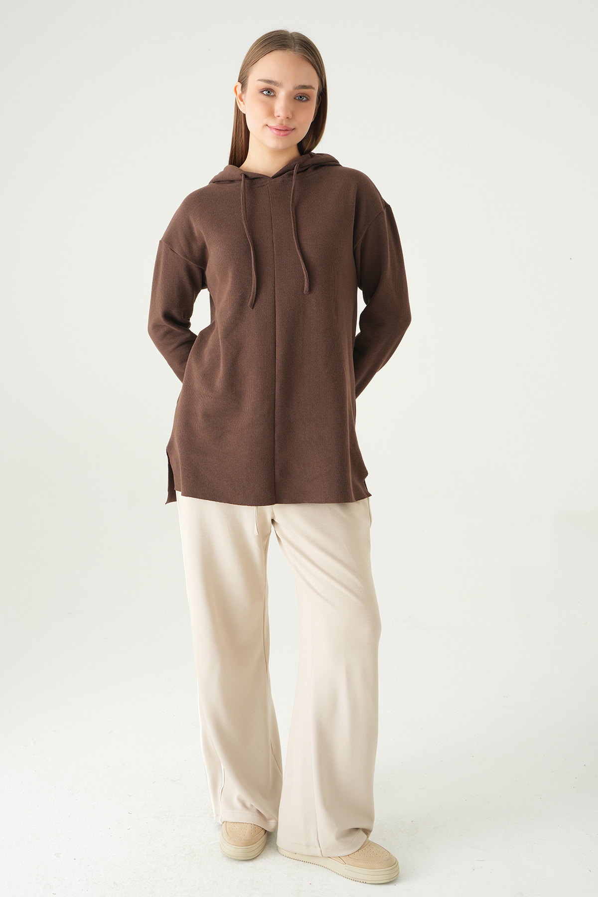 3087A Kapüşonlu Uzun Kol Tunik Kahve - RAYS