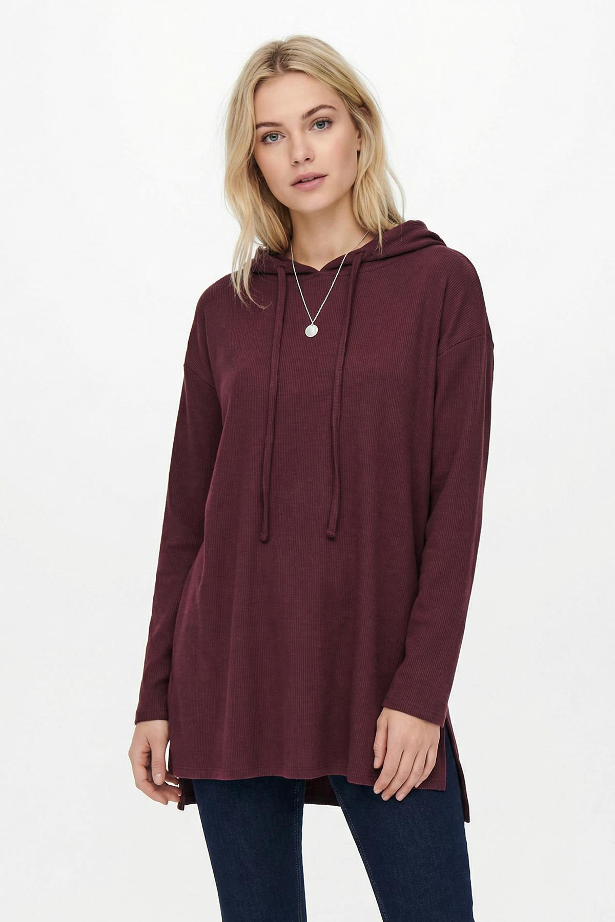 3087A Kapüşonlu Uzun Kol Tunik Mürdüm - 1