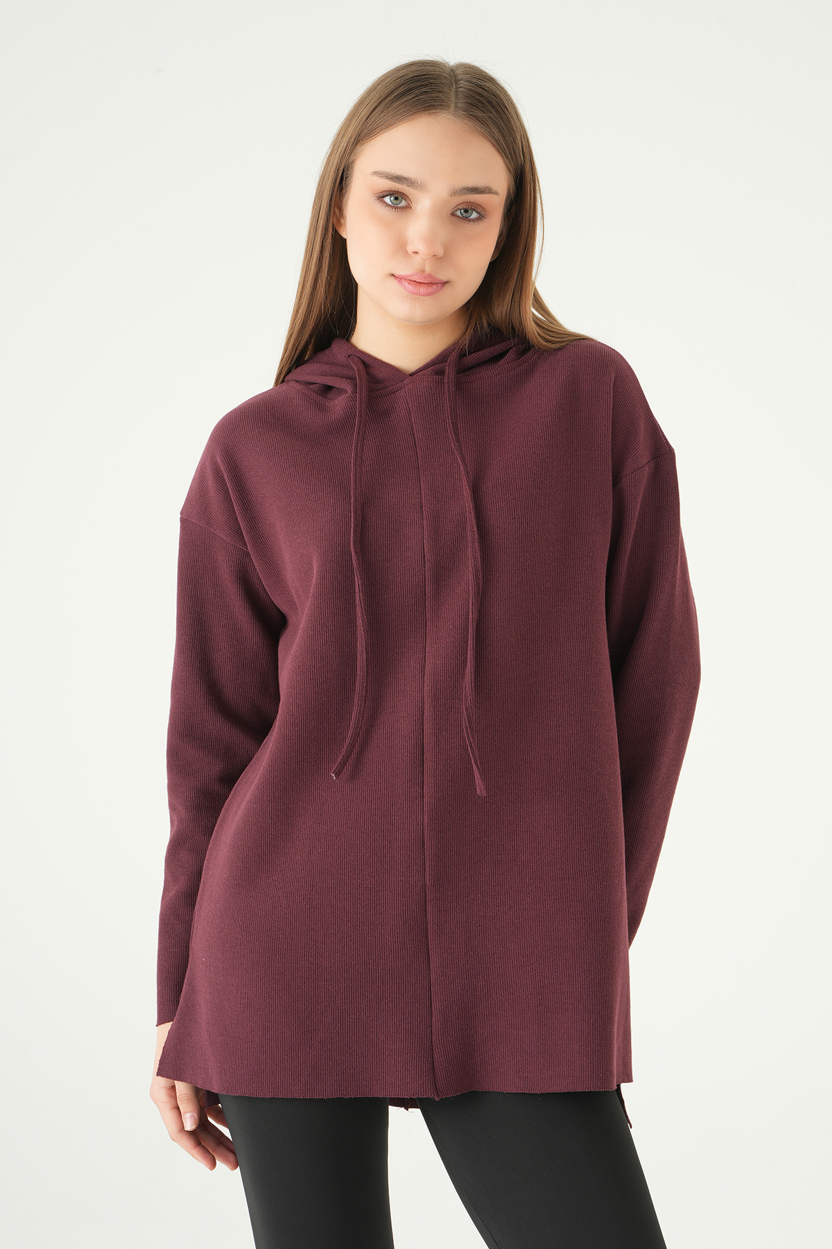 3087A Kapüşonlu Uzun Kol Tunik Mürdüm - RAYS (1)