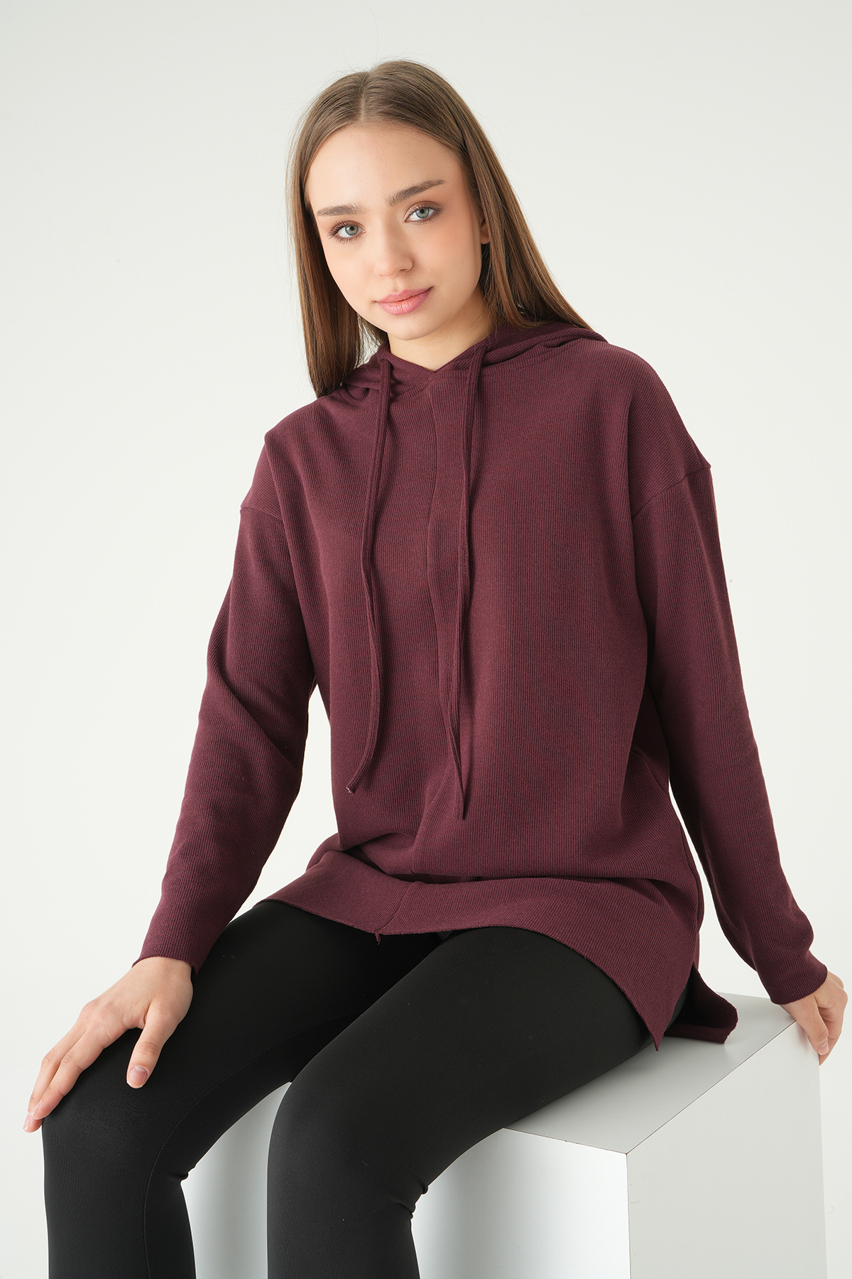 3087A Kapüşonlu Uzun Kol Tunik Mürdüm - RAYS (1)