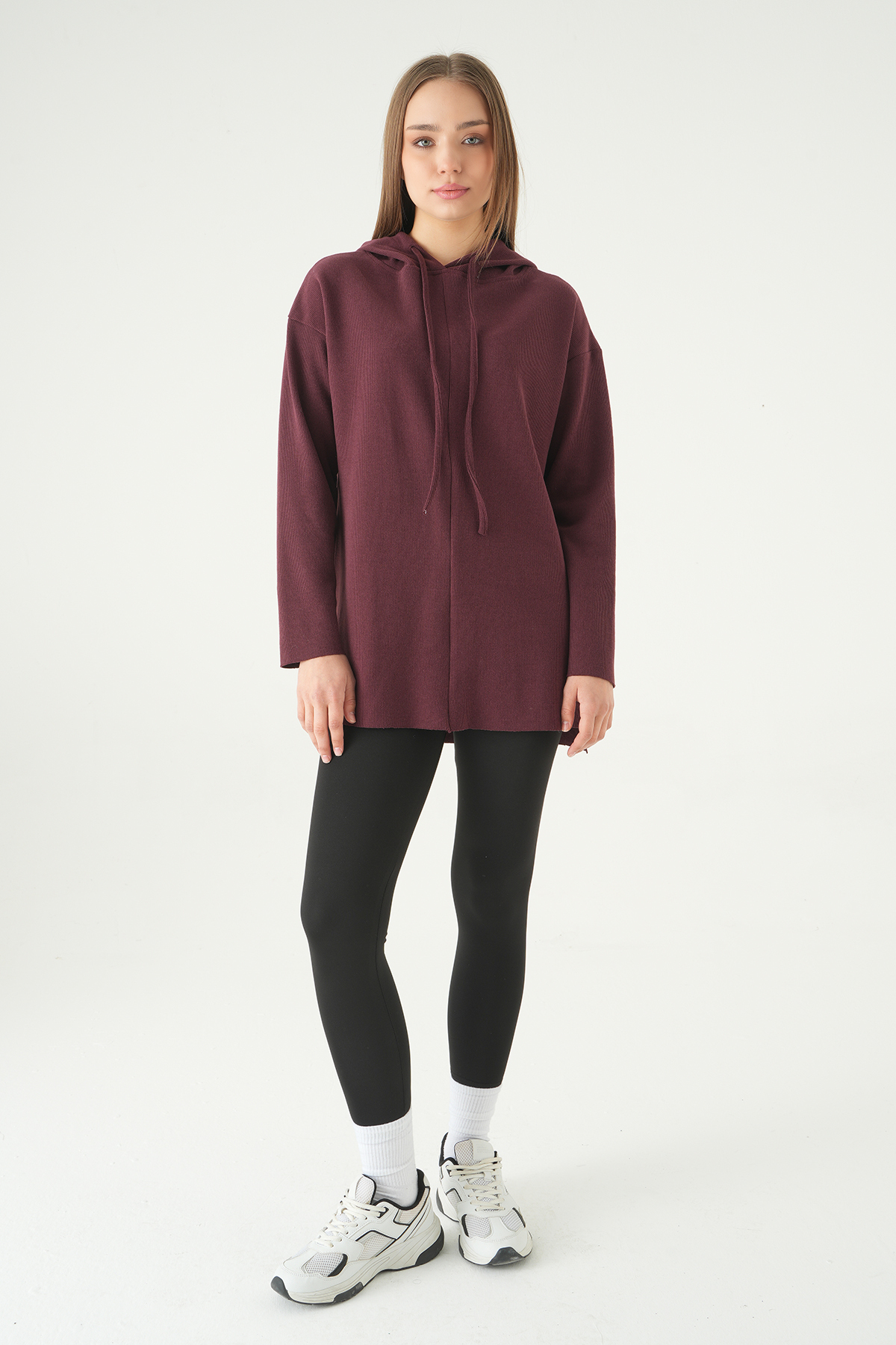 Mürdüm Kapüşonlu Uzun Kol Tunik 3087A - RAYS