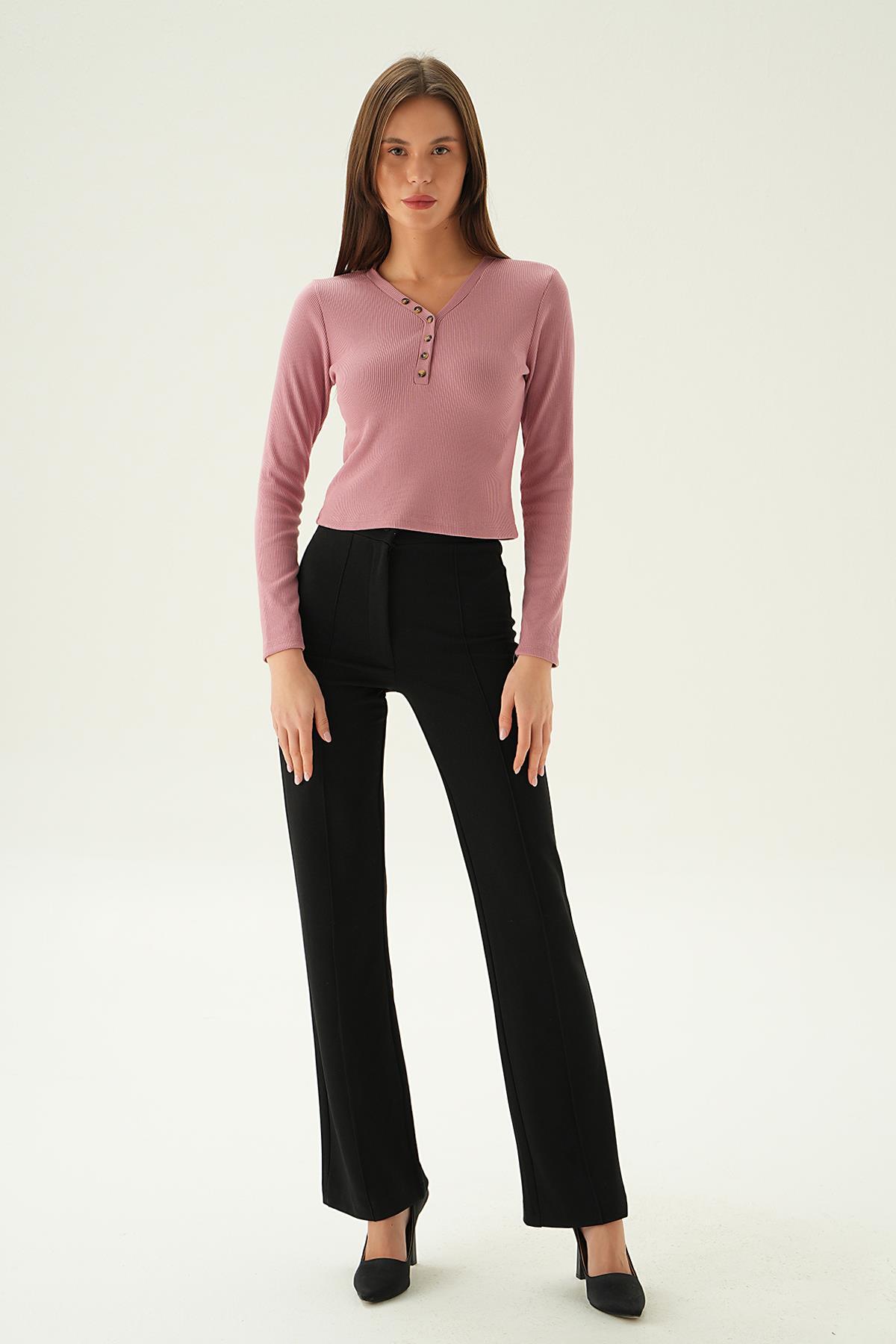 3093 Düğme Detay Bluz Gül - 2