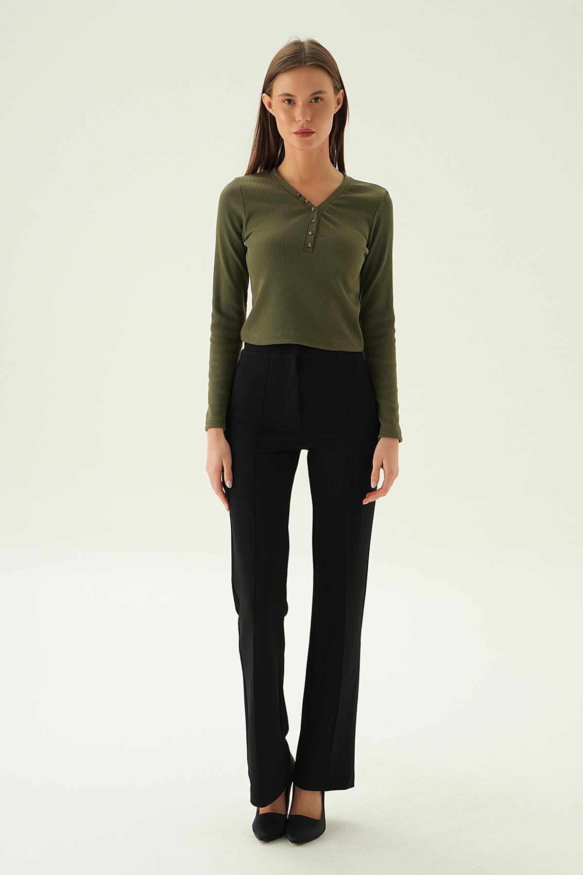 3093 Düğme Detay Bluz Haki - 6